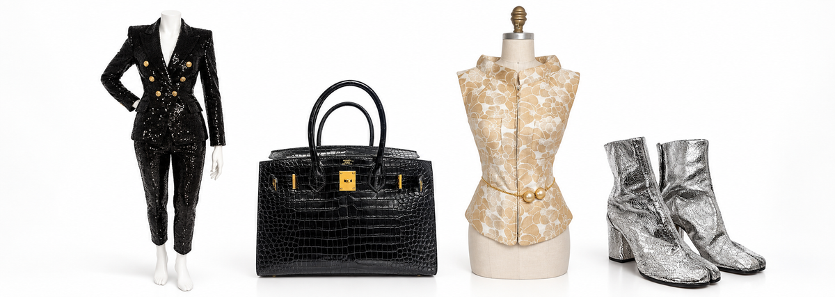 New arrivals in pre-owned luxury fashion featuring designer clothing, Hermès handbag, Chanel runway vest, and Maison Margiela Tabi boots