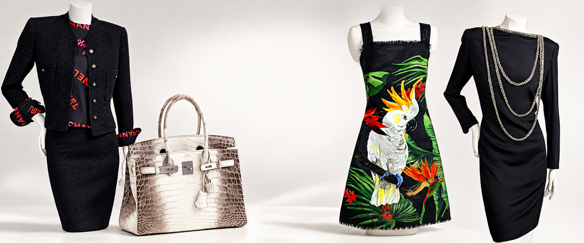 Curated pre-owned luxury fashion featuring Chanel, Hermès, Bob Mackie and designer clothing and handbags