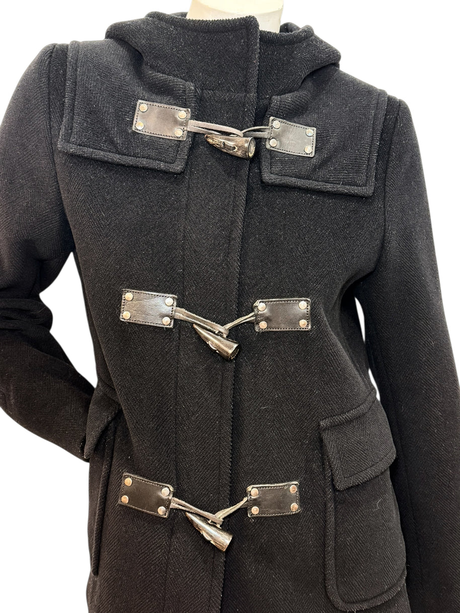 Burberry Black Wool Duffle Jacket with Hood Made in England (Early 2000s) S