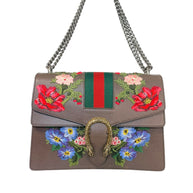 Gucci Dionysus Embroidered Floral Leather Shoulder Bag Taupe Web Stripe