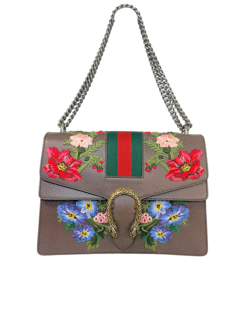 Gucci Dionysus Embroidered Floral Leather Shoulder Bag Taupe Web Stripe