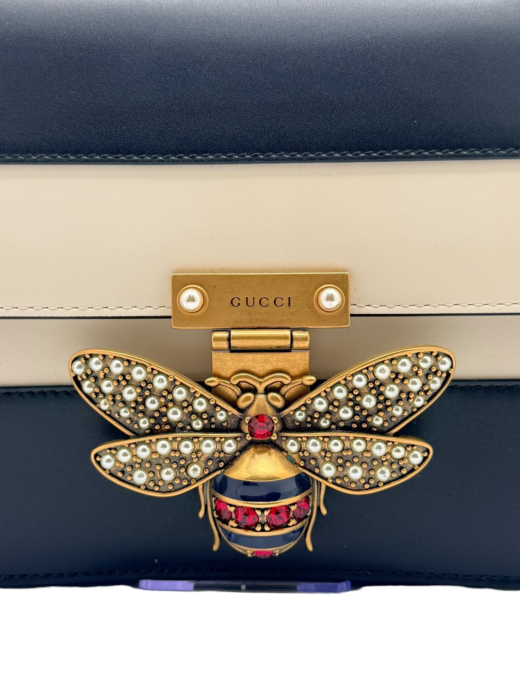 Gucci Queen Margaret Bee Tricolor Shoulder Bag White Red Navy Leather