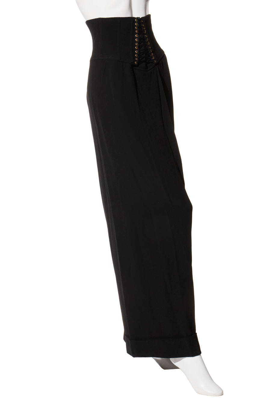 Balmain Black High-Waisted Corset Wide-Leg Pants with Gold Lace-Up Detail FR 36
