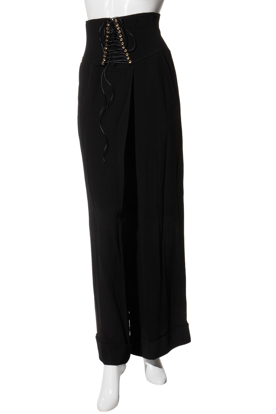 Balmain Black High-Waisted Corset Wide-Leg Pants with Gold Lace-Up Detail FR 36