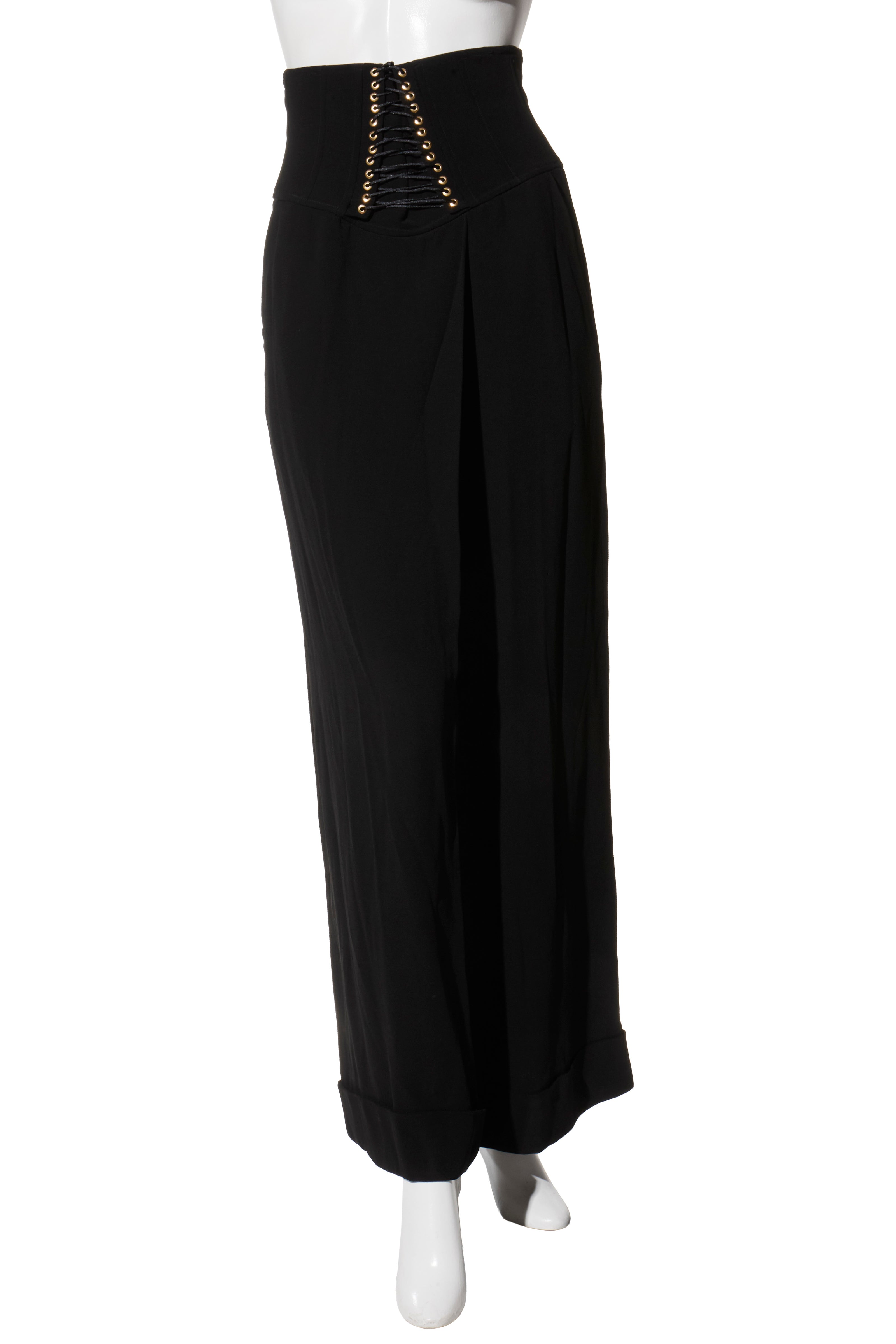 Balmain Black High-Waisted Corset Wide-Leg Pants with Gold Lace-Up Detail FR 36