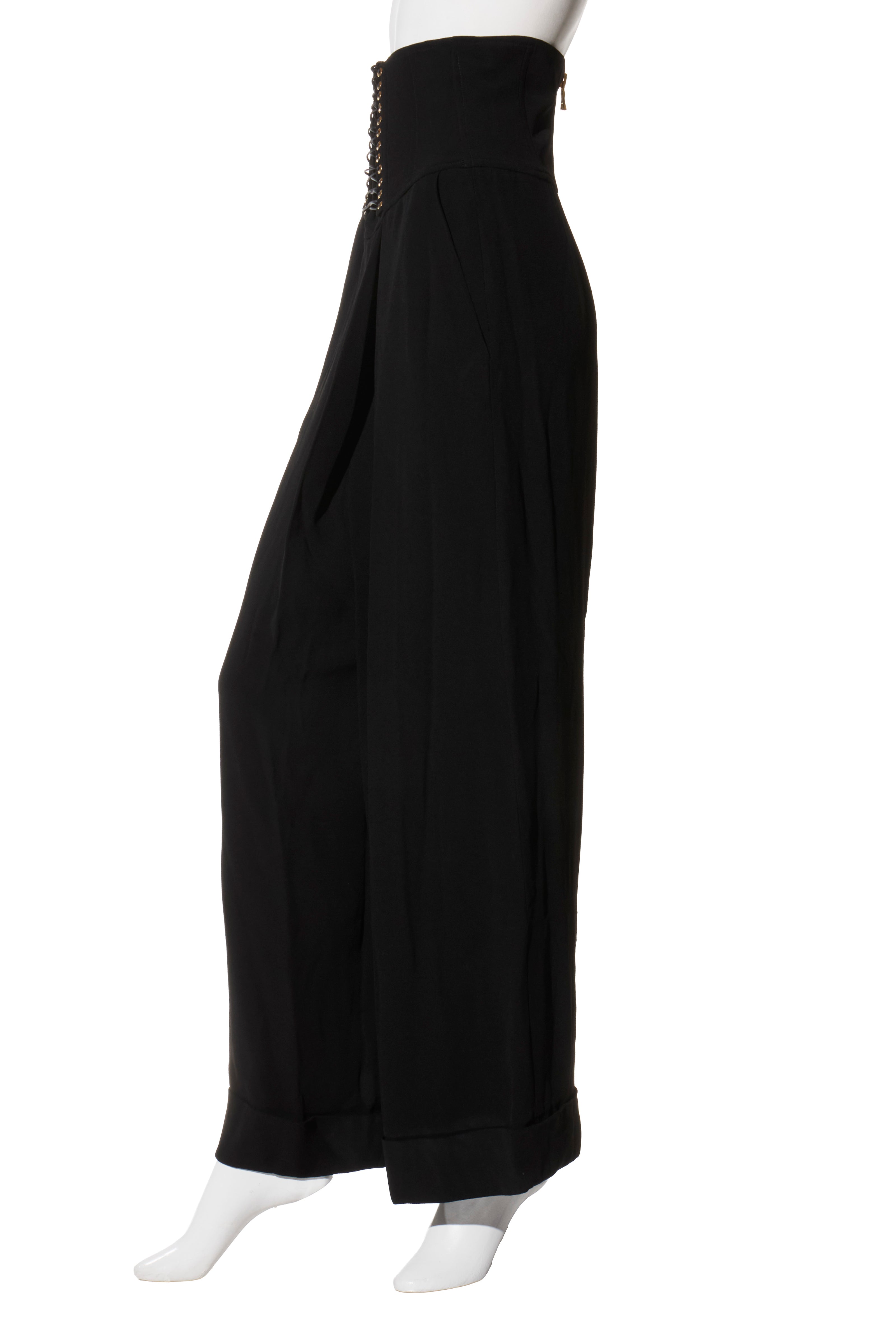 Balmain Black High-Waisted Corset Wide-Leg Pants with Gold Lace-Up Detail FR 36