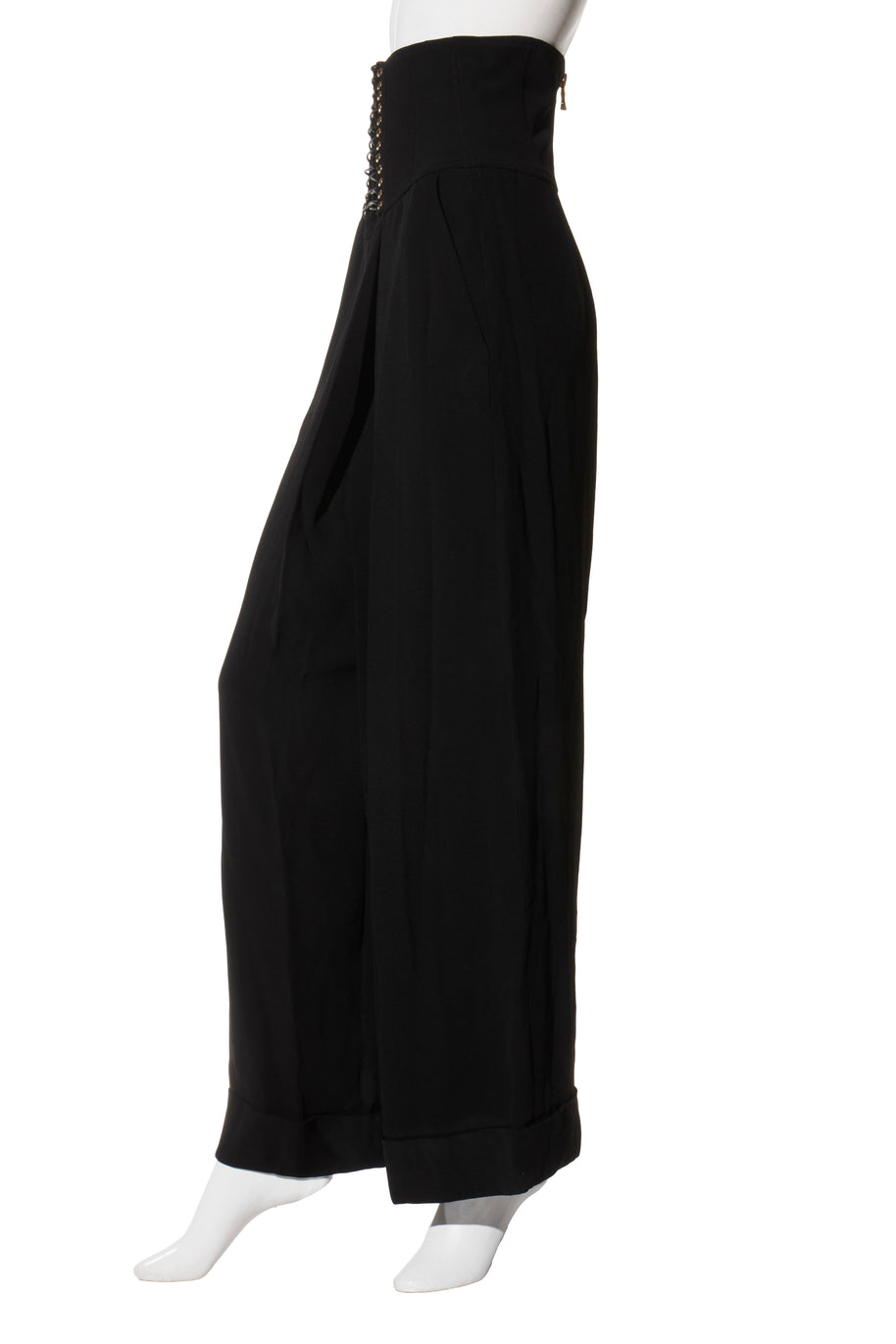 Balmain Black High-Waisted Corset Wide-Leg Pants with Gold Lace-Up Detail FR 36