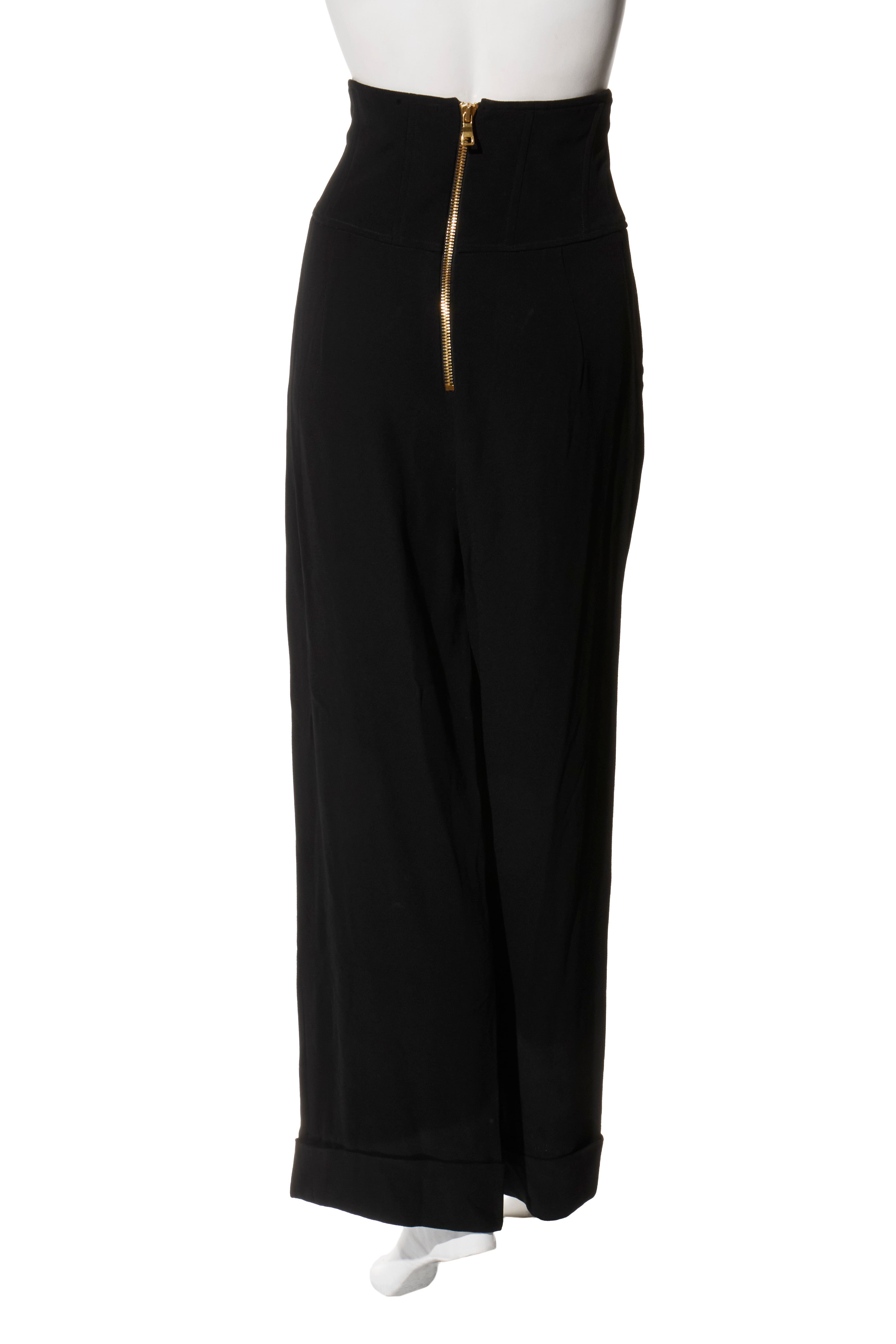 Balmain Black High-Waisted Corset Wide-Leg Pants with Gold Lace-Up Detail FR 36