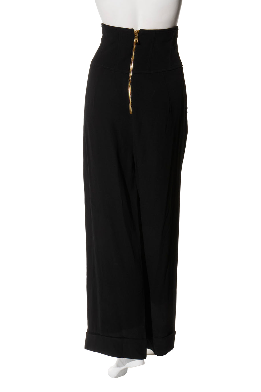 Balmain Black High-Waisted Corset Wide-Leg Pants with Gold Lace-Up Detail FR 36