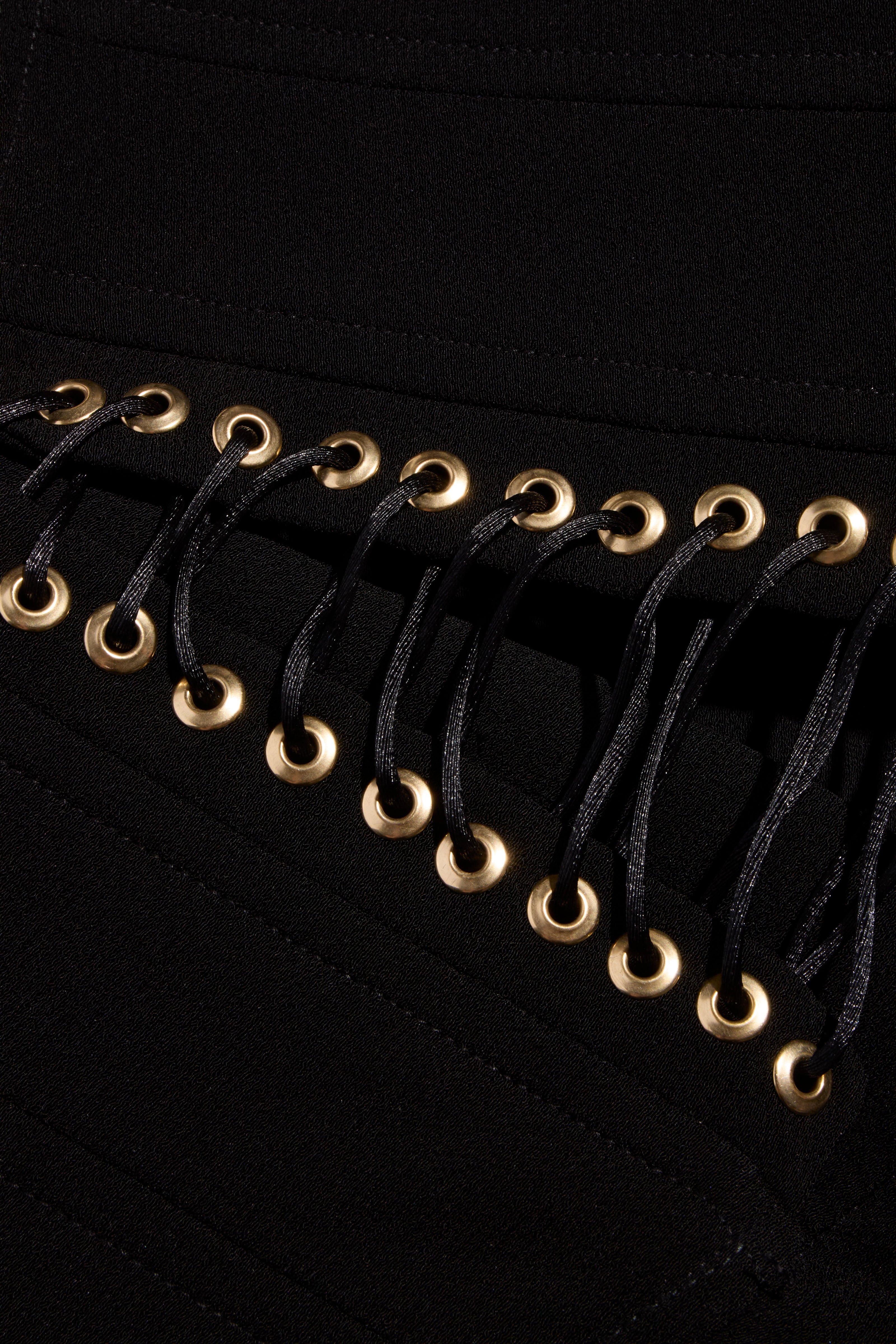 Balmain Black High-Waisted Corset Wide-Leg Pants with Gold Lace-Up Detail FR 36