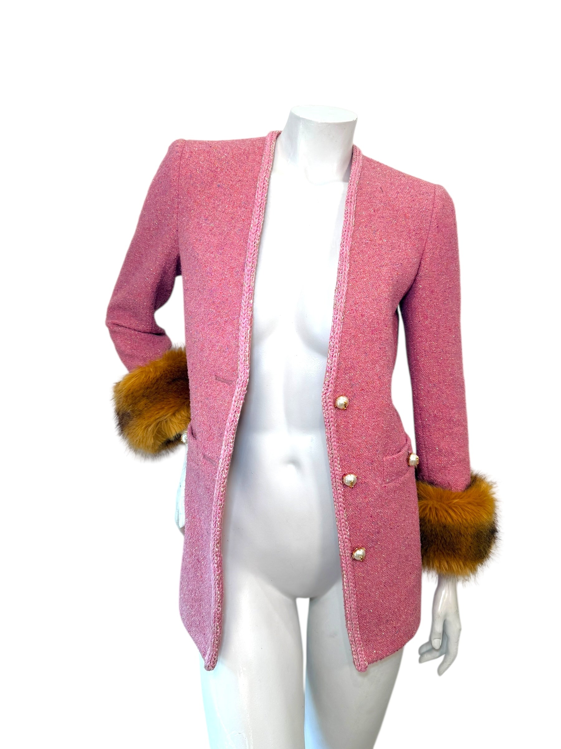 Saint Laurent Pink Tweed Faux Fur Cuff Jacket FW2021 Size FR38