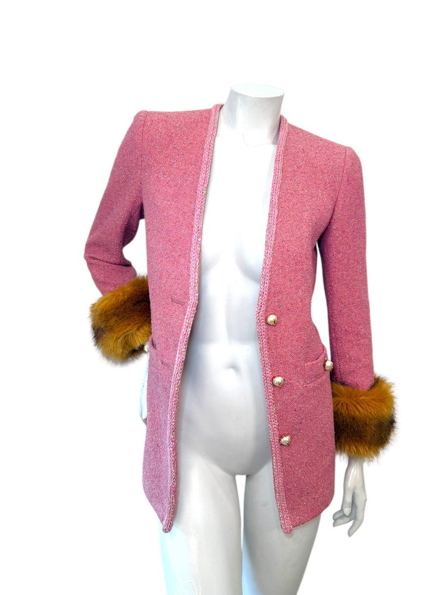 Saint Laurent Pink Tweed Faux Fur Cuff Jacket FW2021 Size FR38