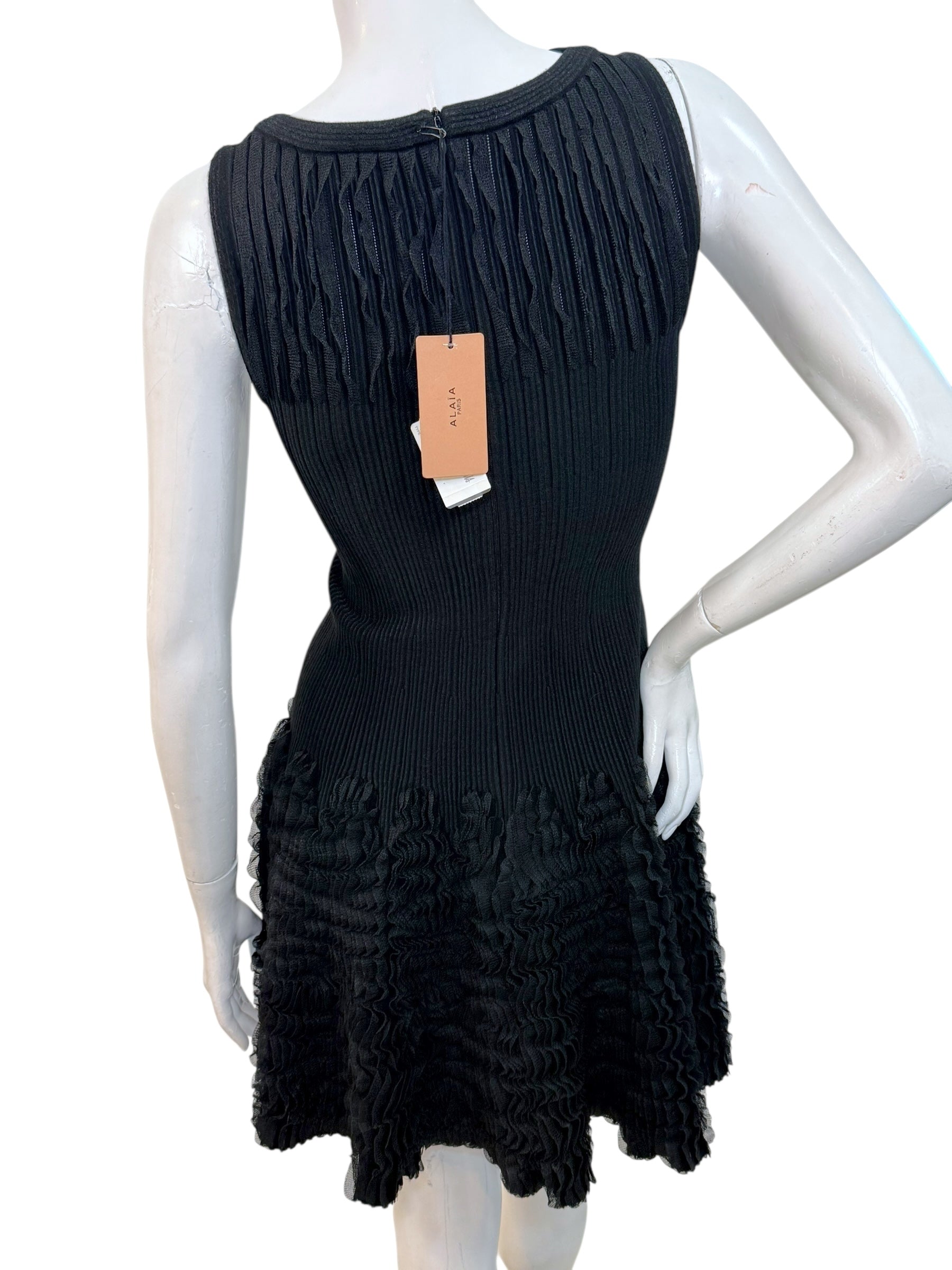 Alaïa Black Ribbed Knit Dress with Sculptural Ruffle Skirt | Size FR 38