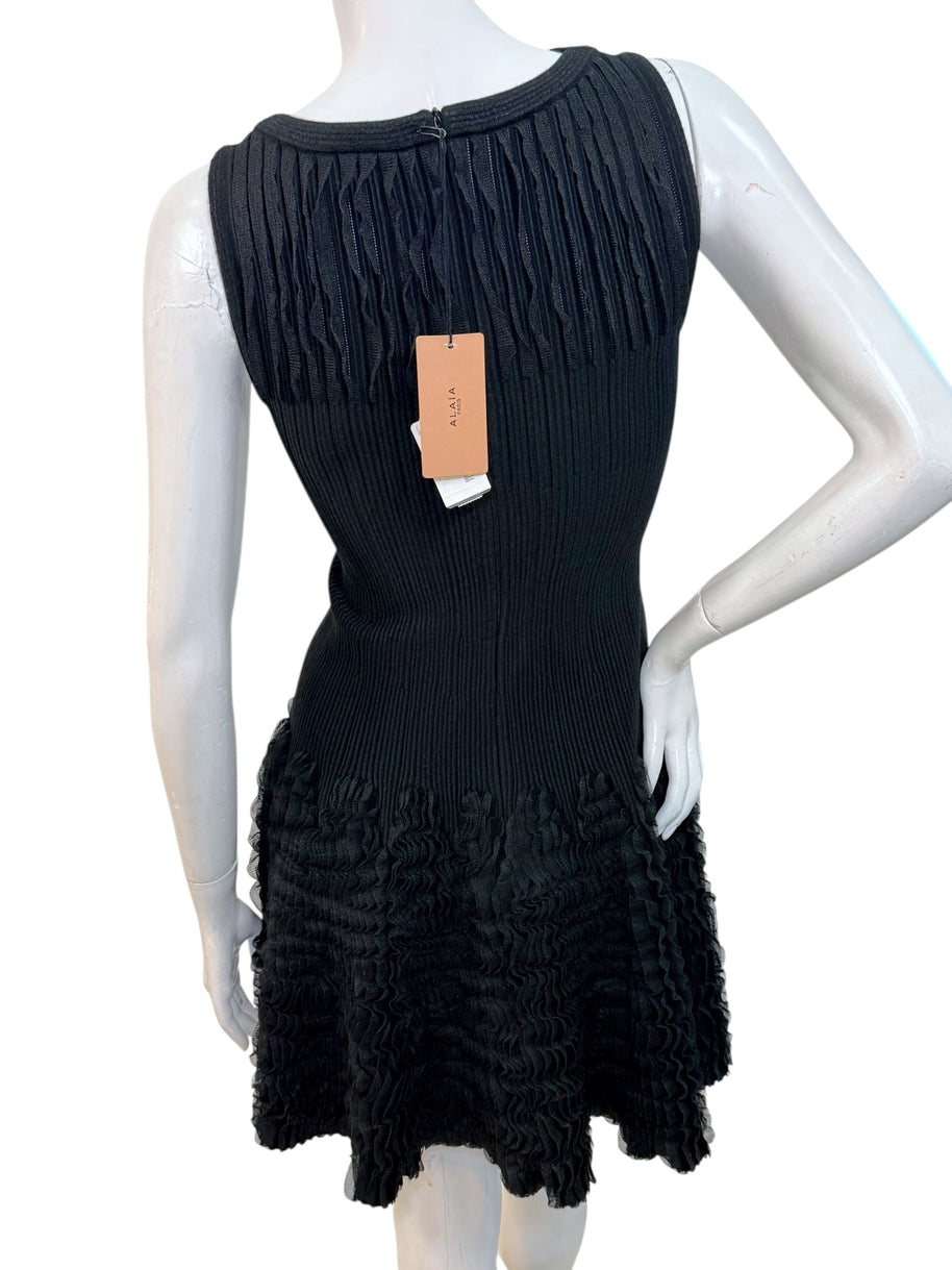 Alaïa Black Ribbed Knit Dress with Sculptural Ruffle Skirt | Size FR 38