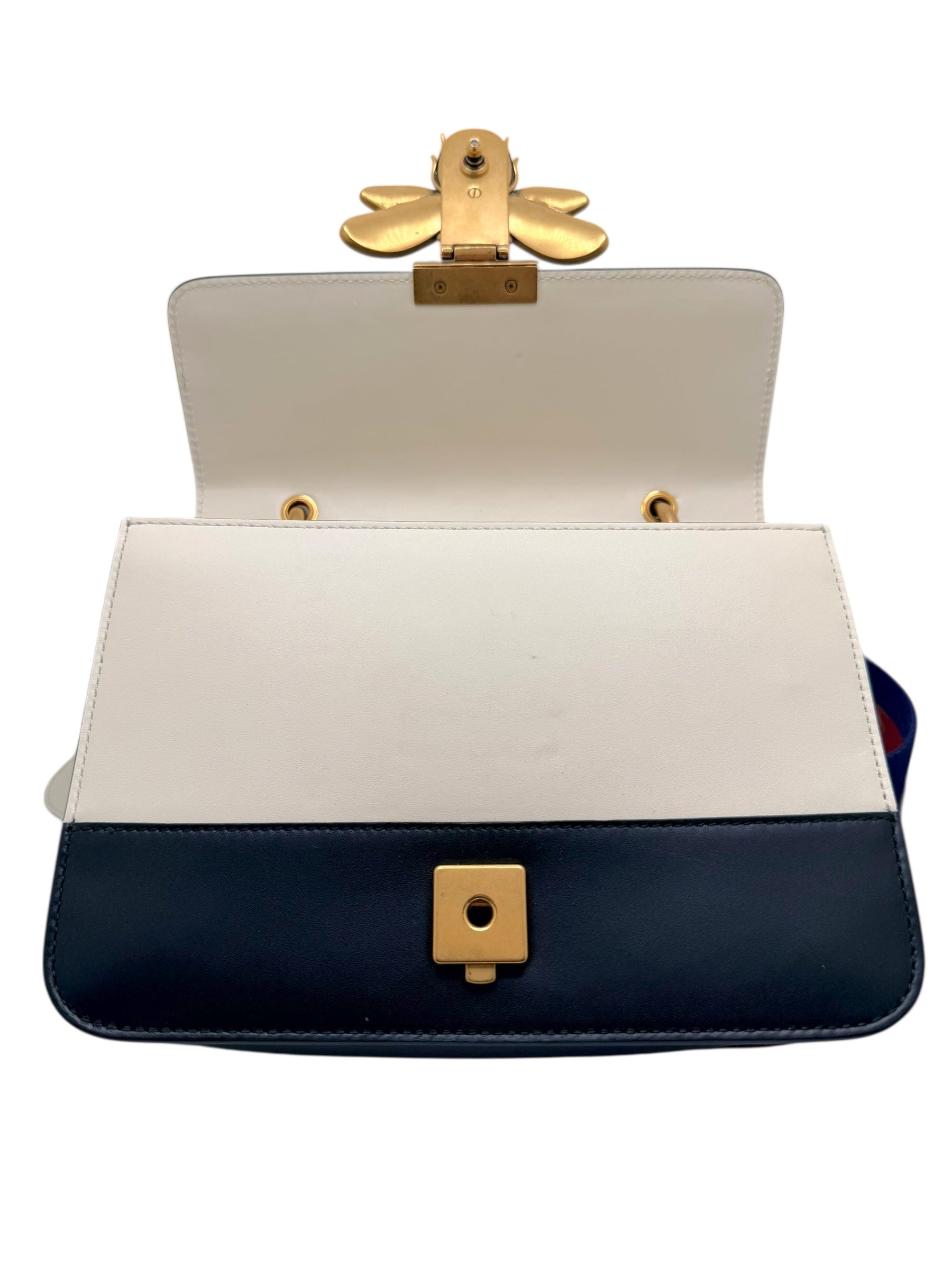Gucci Queen Margaret Bee Tricolor Shoulder Bag White Red Navy Leather