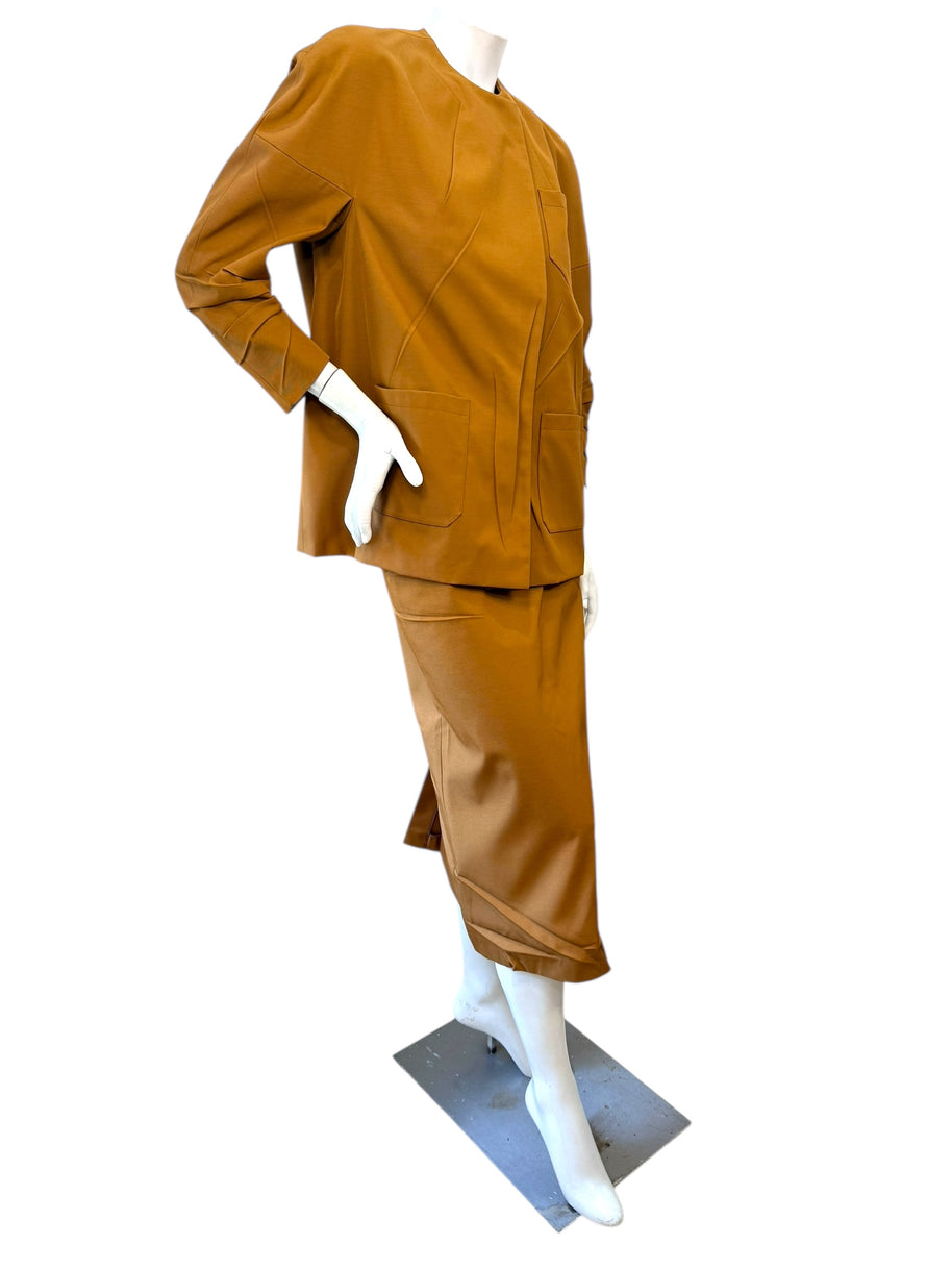Prada SS2023 Camel Jacket & Pencil Skirt Set IT 38 | Sculpted Made in Italy