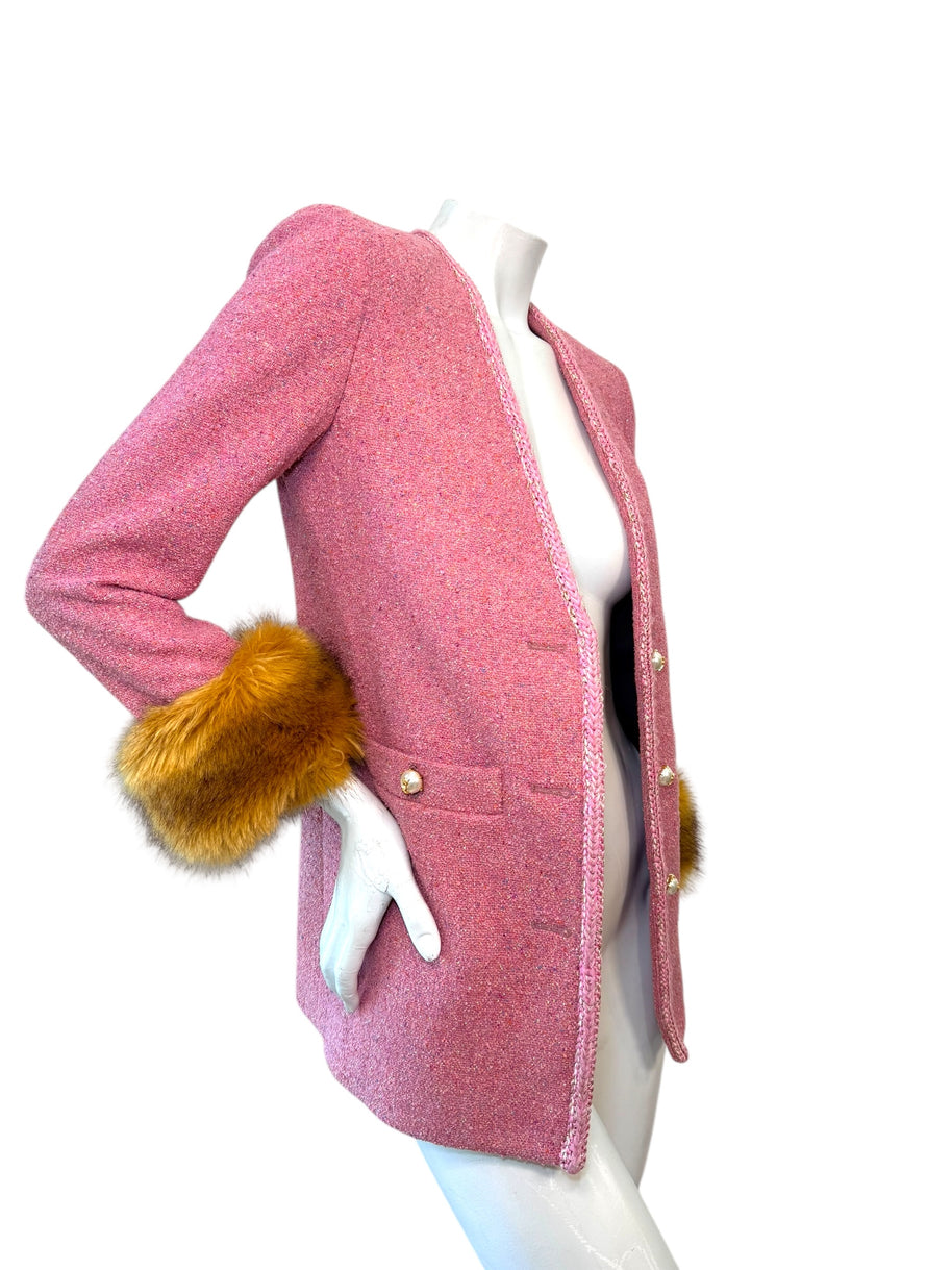 Saint Laurent Pink Tweed Faux Fur Cuff Jacket FW2021 Size FR38