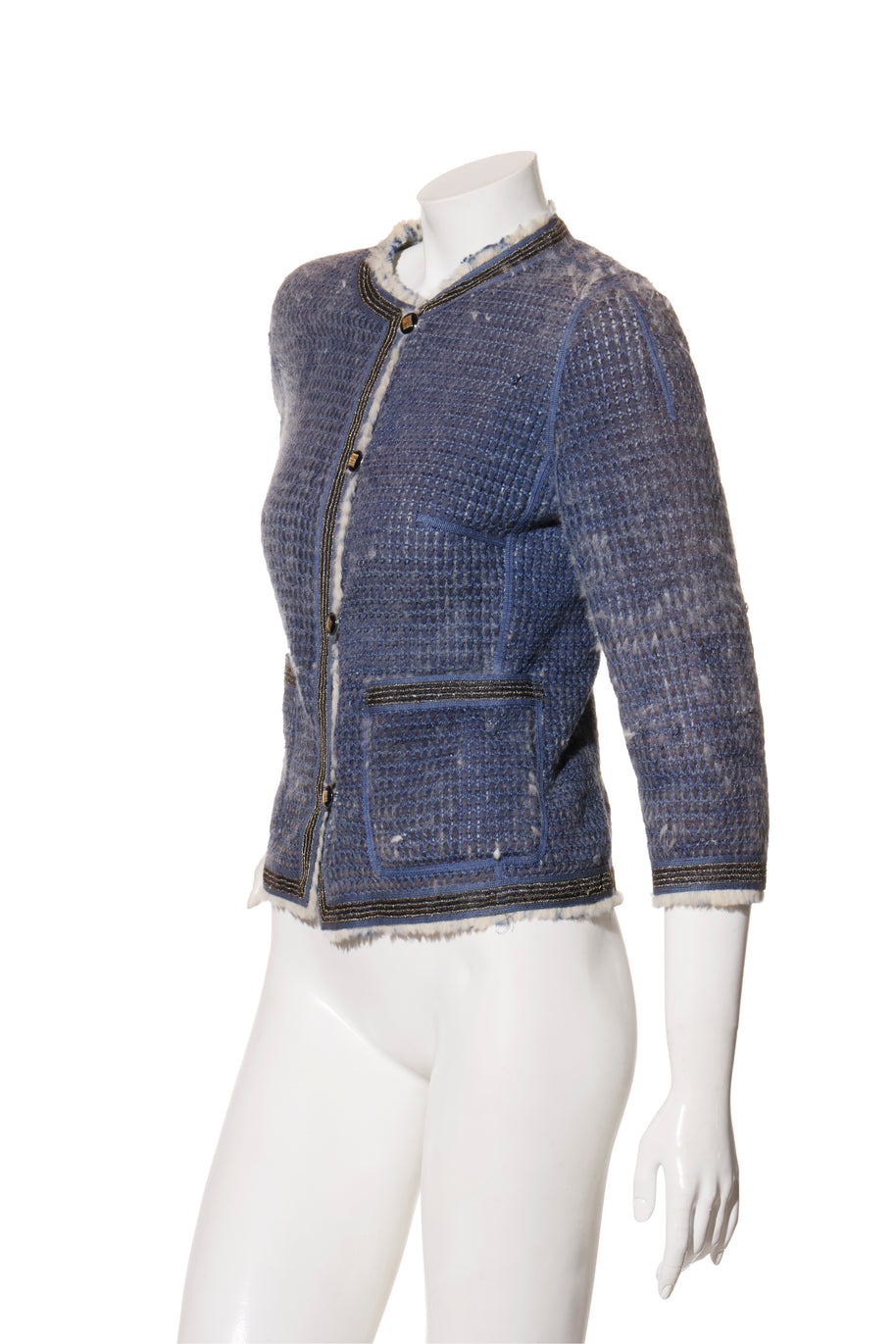 Fendi FW15 Tweed Fur Lined Jacket IT 40 US 4 Blue Rabbit Fur Made in Italy