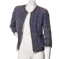 Fendi FW15 Tweed Fur Lined Jacket IT 40 US 4 Blue Rabbit Fur Made in Italy