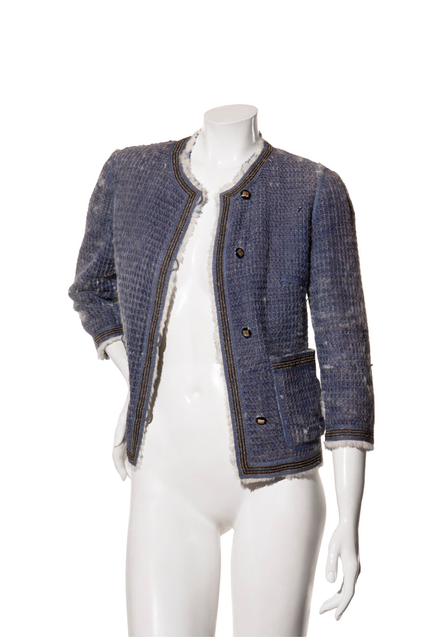 Fendi FW15 Tweed Fur Lined Jacket IT 40 US 4 Blue Rabbit Fur Made in Italy