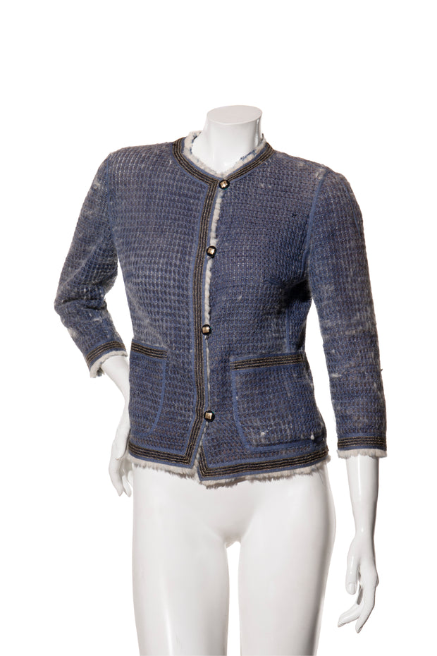 Fendi FW15 Tweed Fur Lined Jacket IT 40 US 4 Blue Rabbit Fur Made in Italy