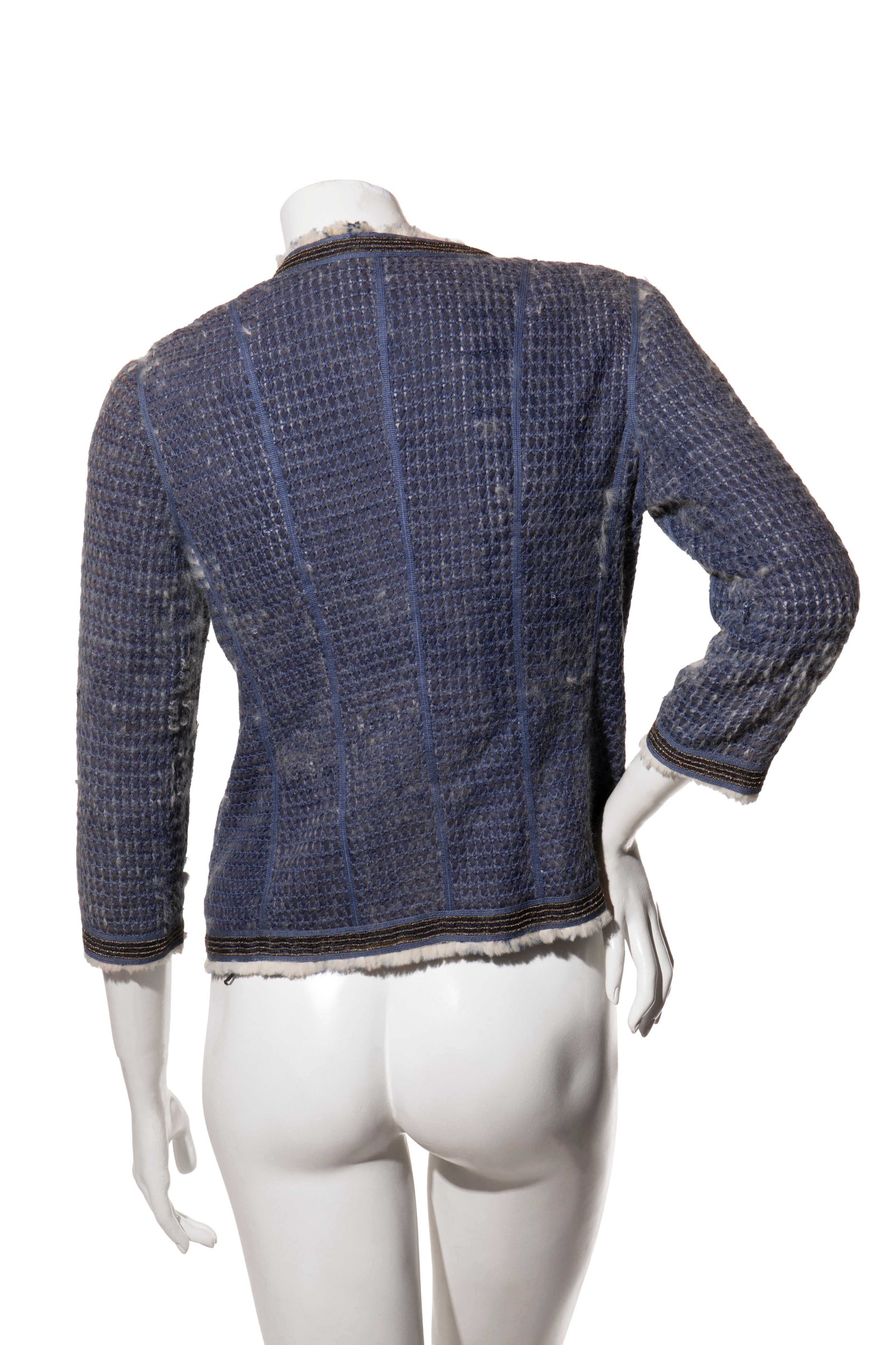 Fendi FW15 Tweed Fur Lined Jacket IT 40 US 4 Blue Rabbit Fur Made in Italy