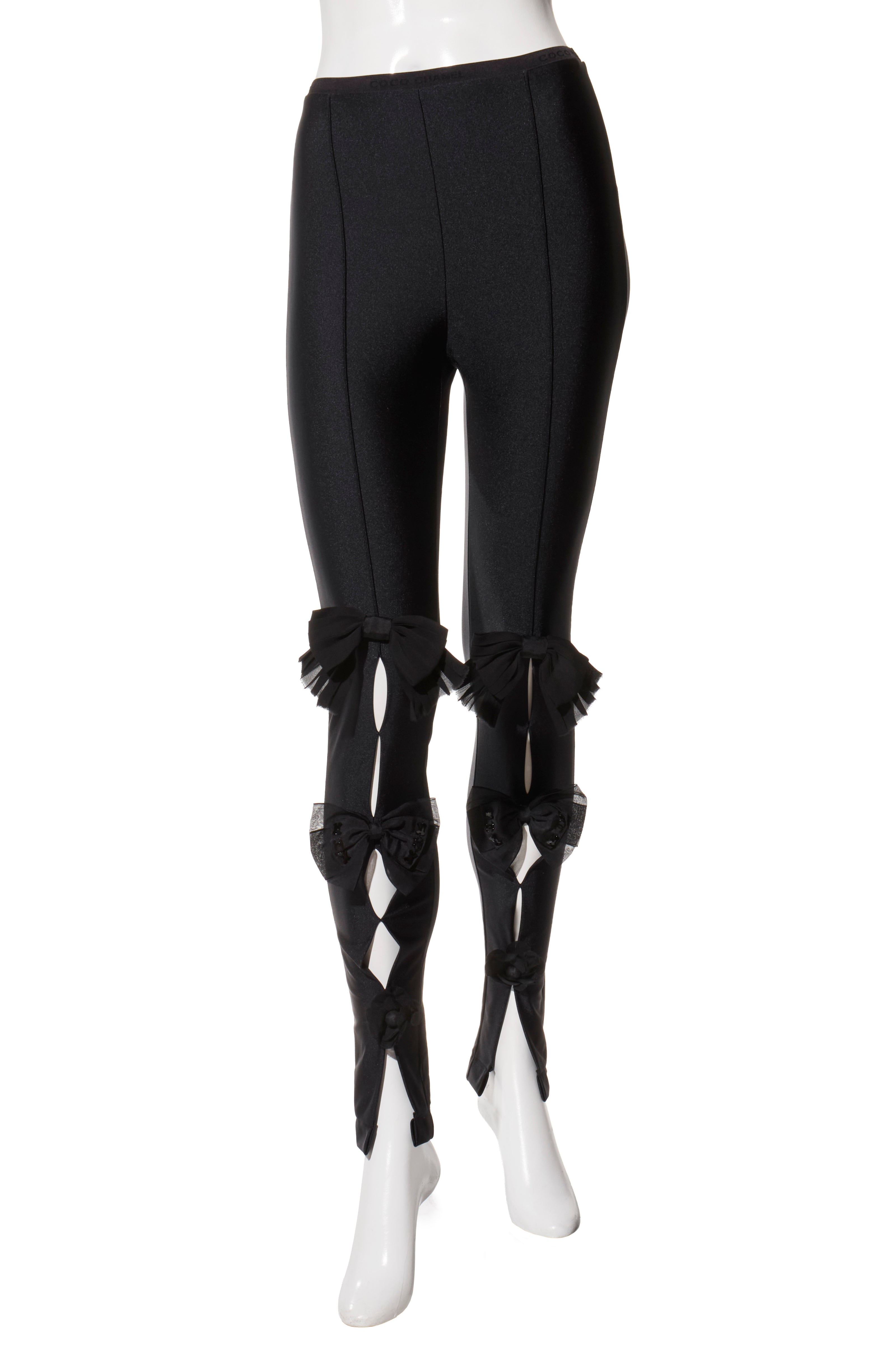 Chanel SS19 Black Satin Bow Camellia Leggings Runway FR 36 US 4