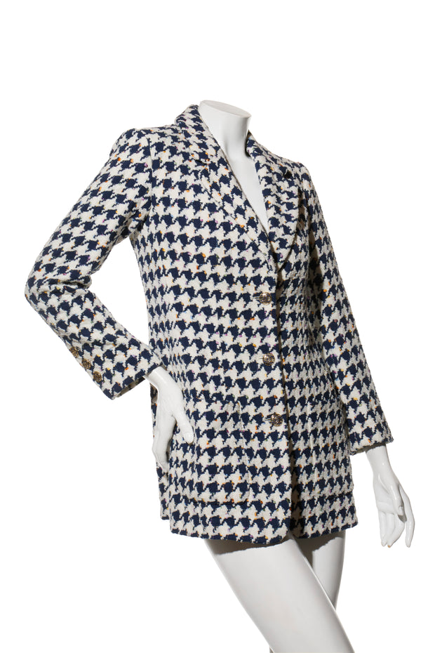 Chanel Navy & White Houndstooth Tweed Blazer Spring/Summer 2018 Size FR 34