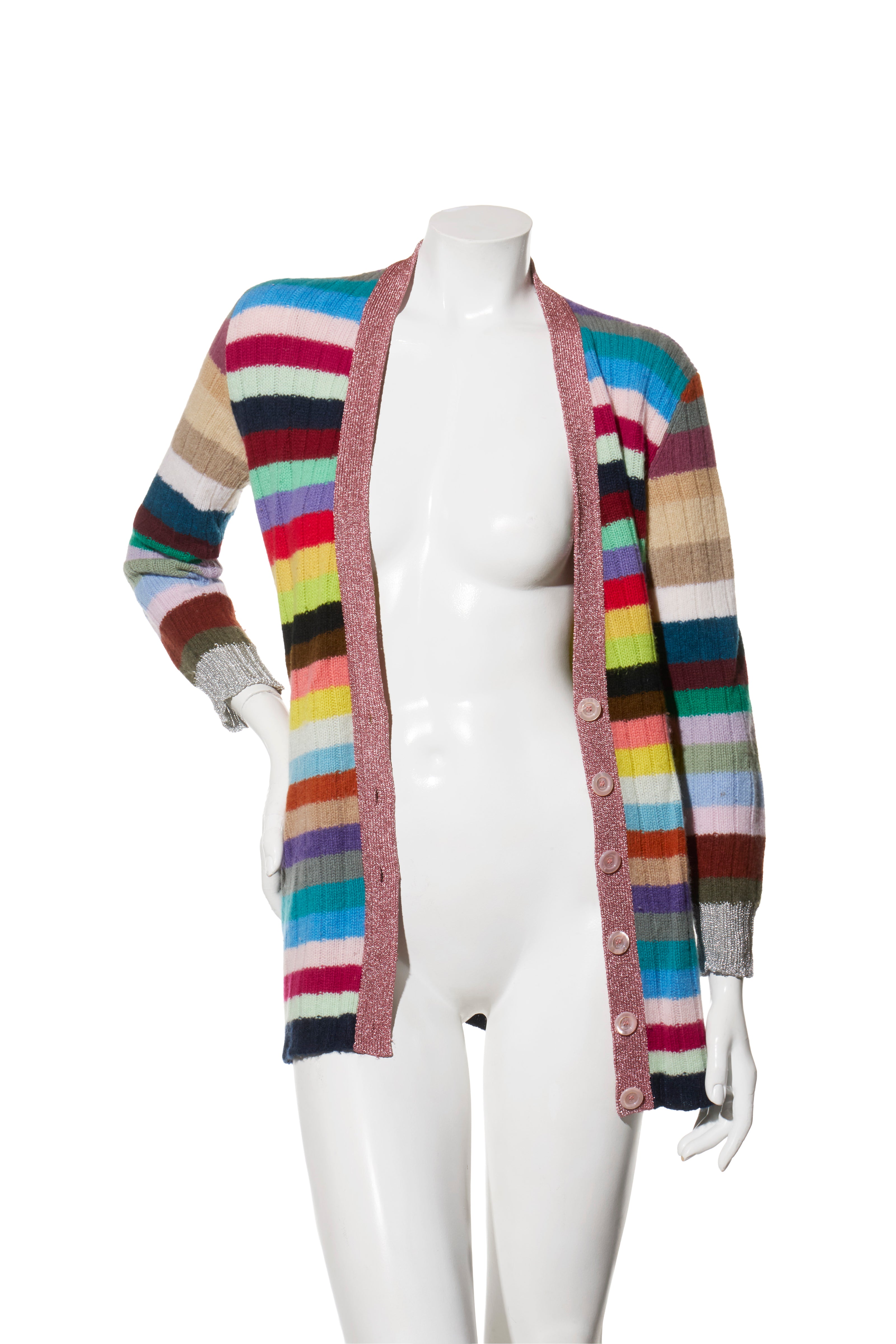 Gucci XS Multicolor Striped Cardigan Metallic Trim Cashmere Wool Italy 2017