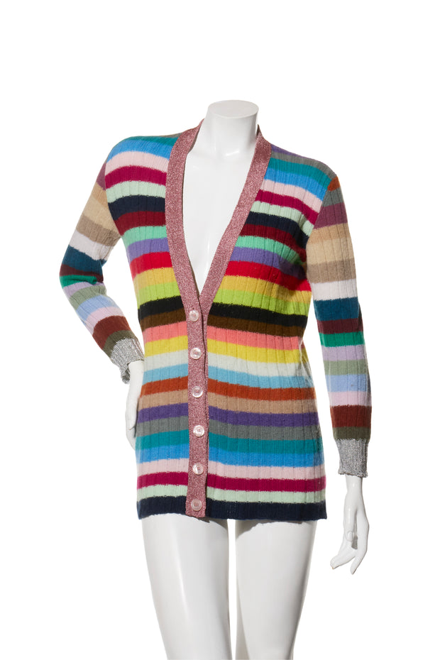 Gucci XS Multicolor Striped Cardigan Metallic Trim Cashmere Wool Italy 2017