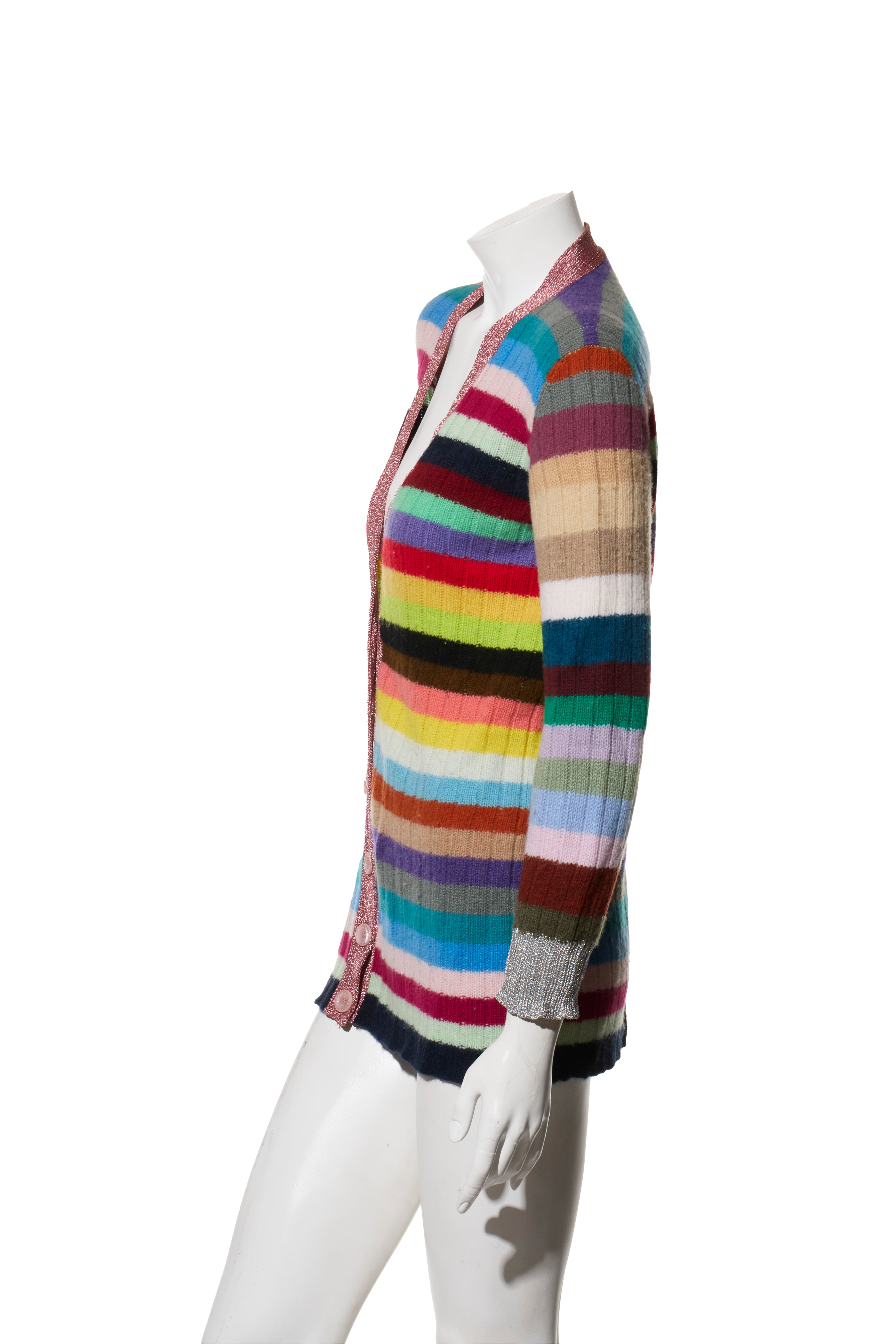 Gucci XS Multicolor Striped Cardigan Metallic Trim Cashmere Wool Italy 2017