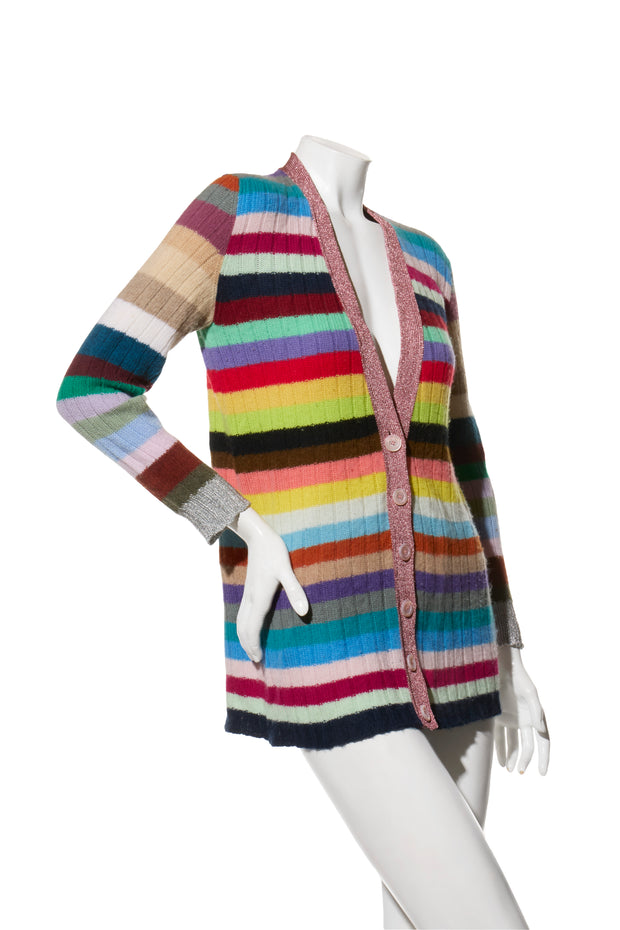Gucci XS Multicolor Striped Cardigan Metallic Trim Cashmere Wool Italy 2017