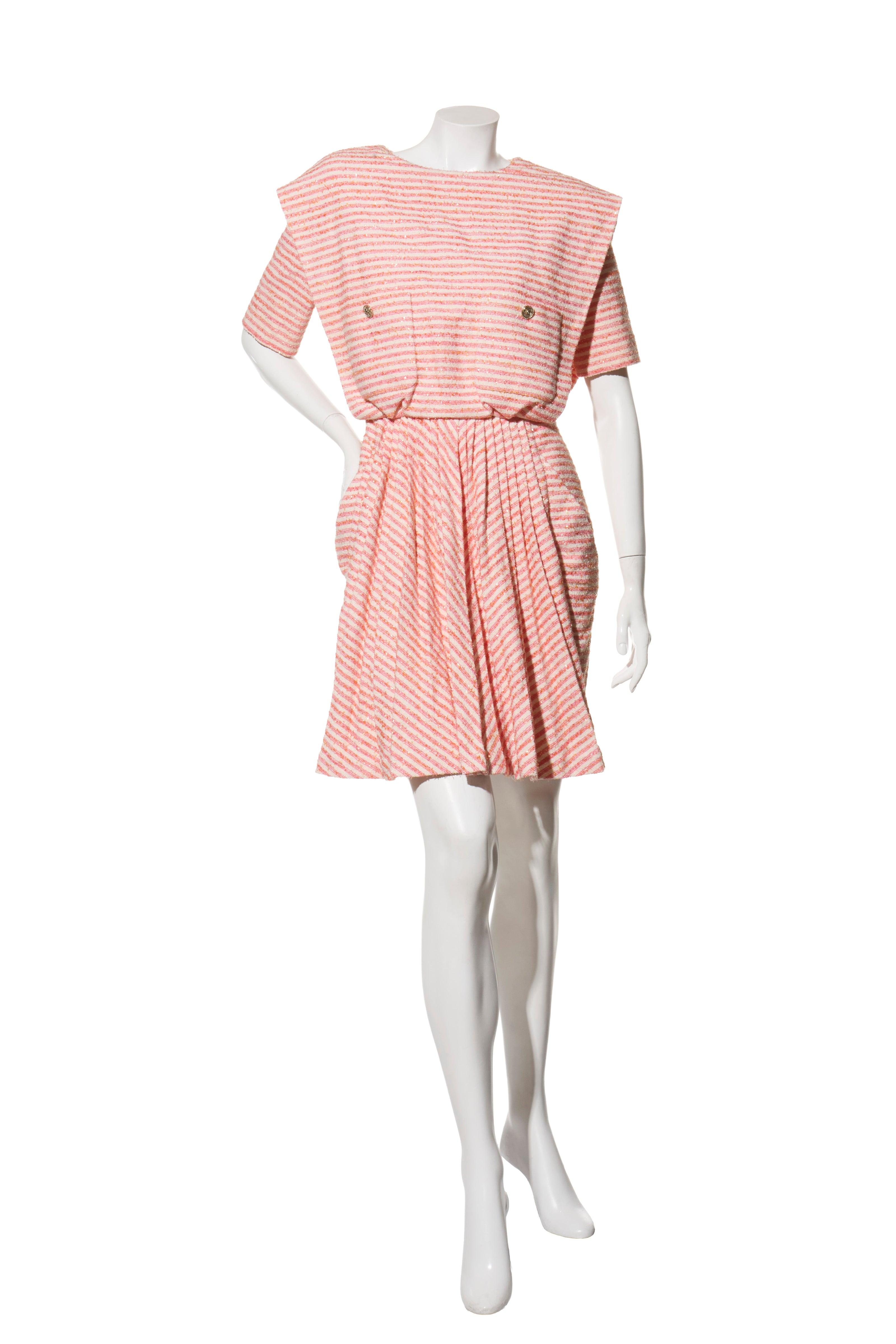 Chanel Spring/Summer 2015 Pink & White Striped Bouclé Dress FR 34