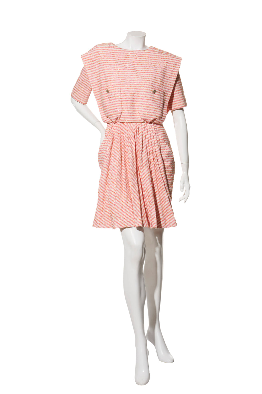 Chanel Spring/Summer 2015 Pink & White Striped Bouclé Dress FR 34
