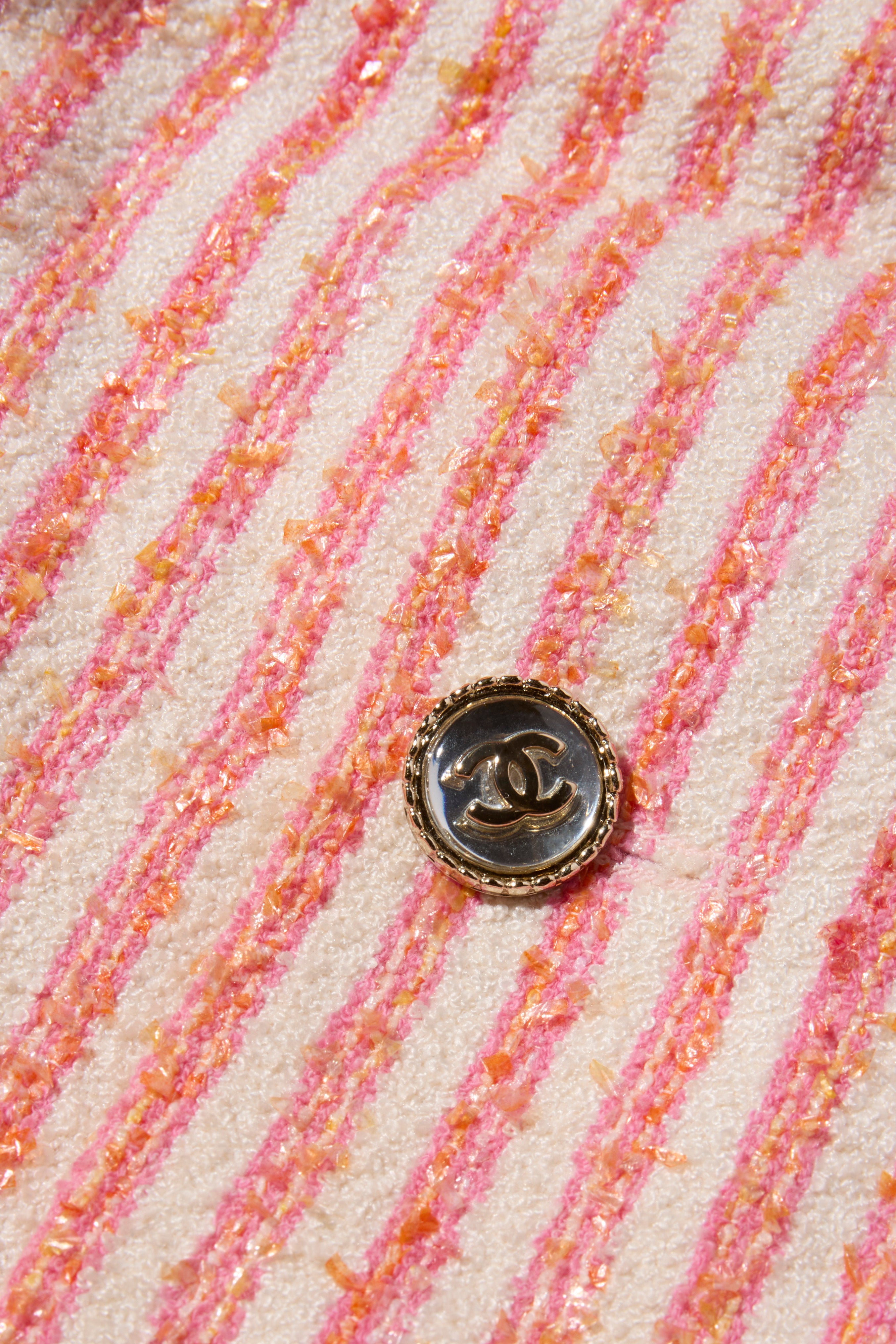 Chanel Spring/Summer 2015 Pink & White Striped Bouclé Dress FR 34