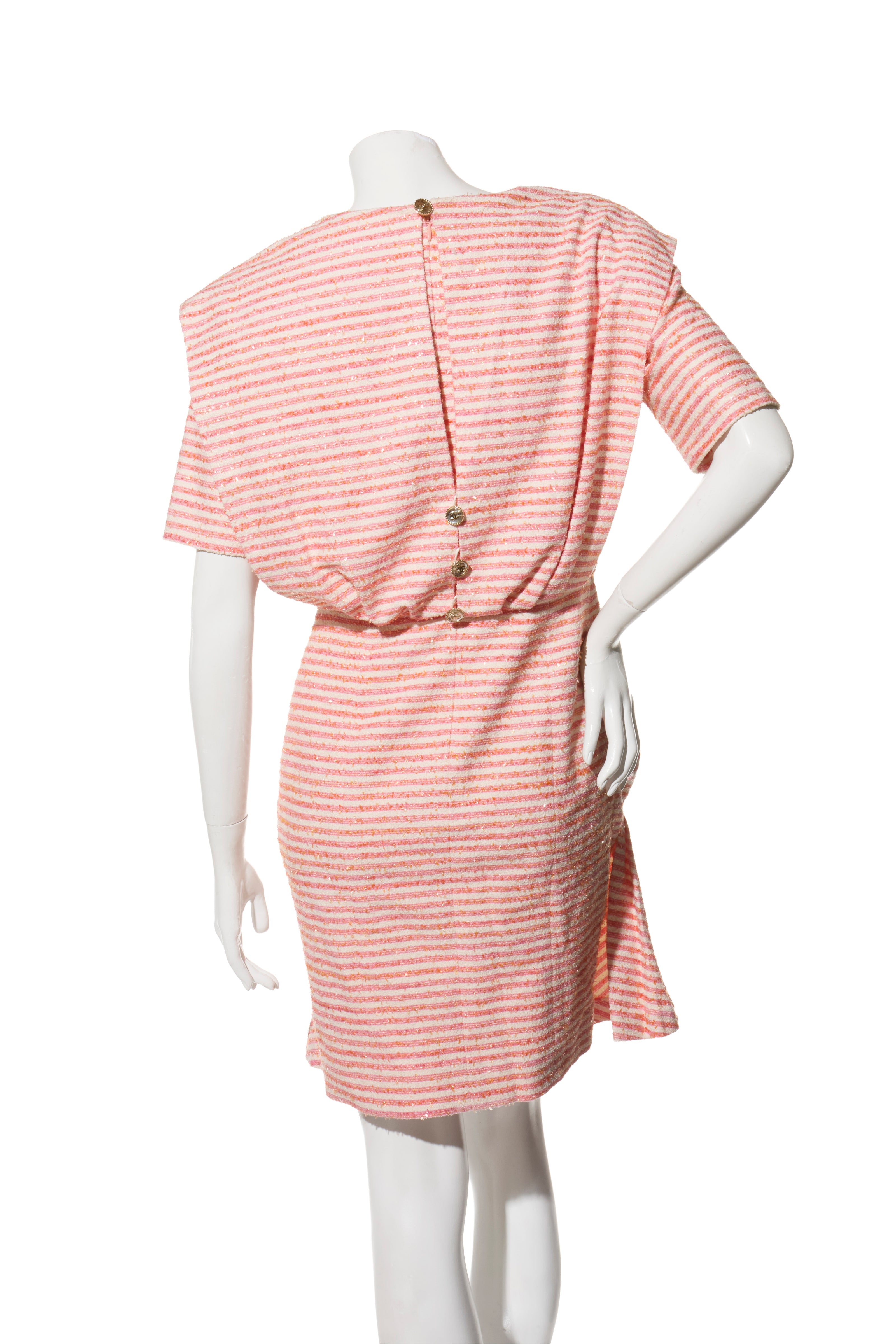 Chanel Spring/Summer 2015 Pink & White Striped Bouclé Dress FR 34