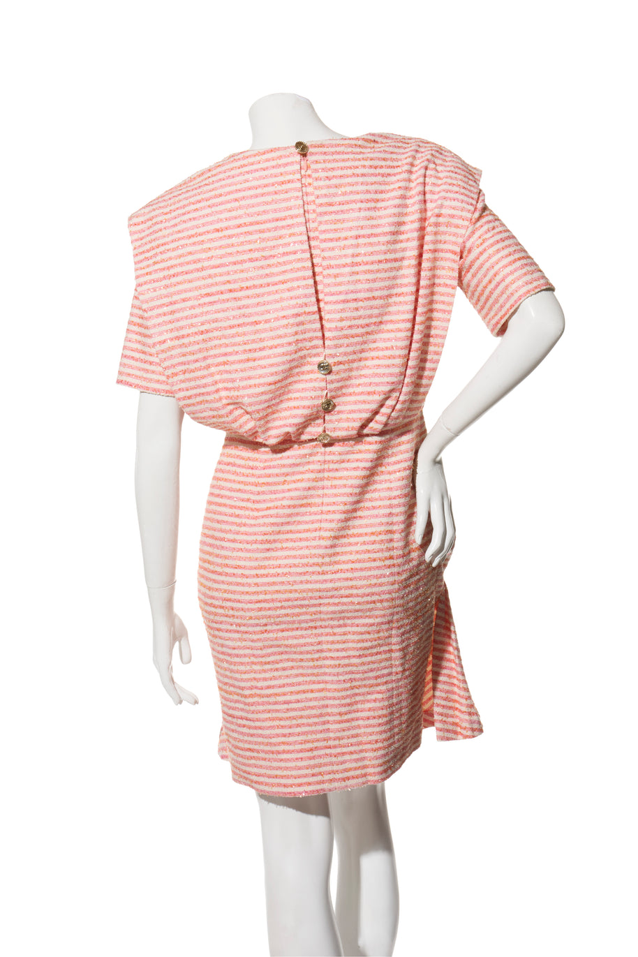 Chanel Spring/Summer 2015 Pink & White Striped Bouclé Dress FR 34