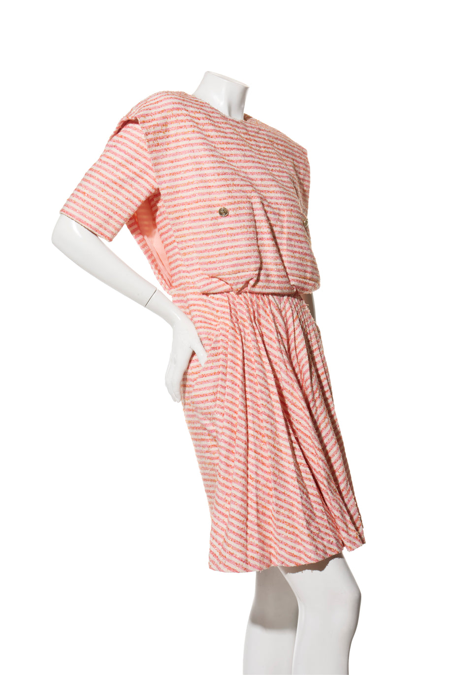 Chanel Spring/Summer 2015 Pink & White Striped Bouclé Dress FR 34