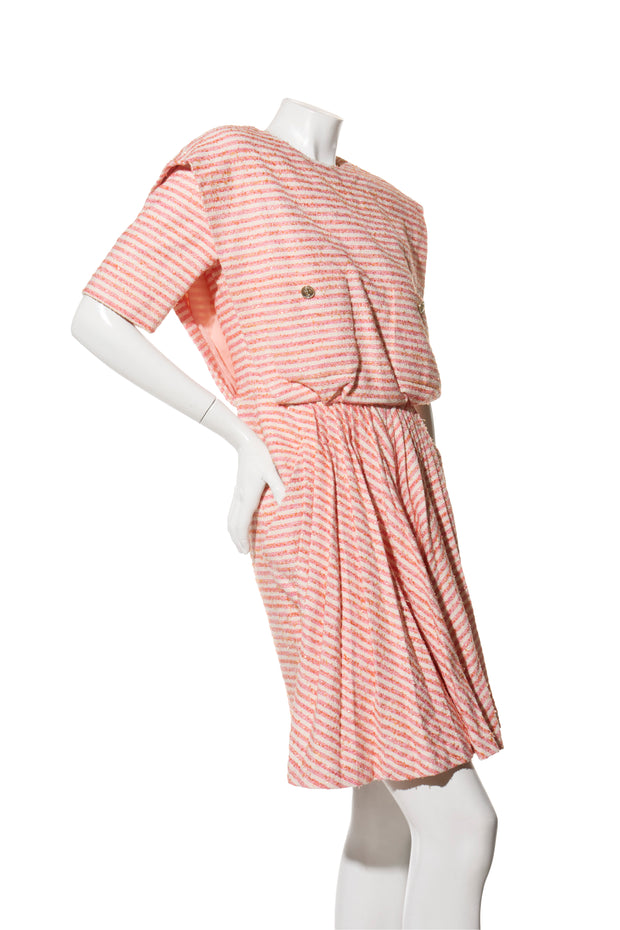 Chanel Spring/Summer 2015 Pink &amp; White Striped Bouclé Dress FR 34