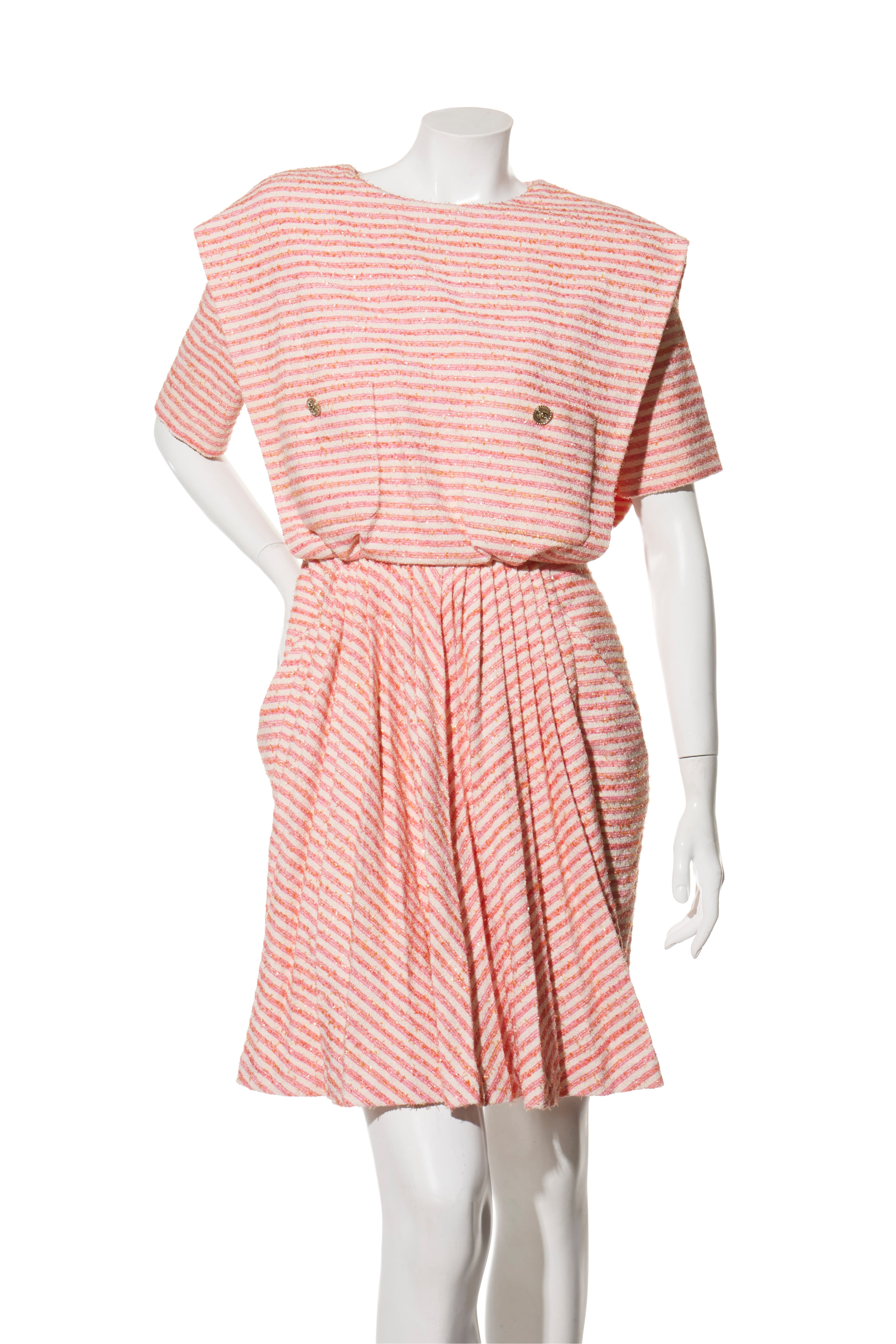 Chanel Spring/Summer 2015 Pink & White Striped Bouclé Dress FR 34