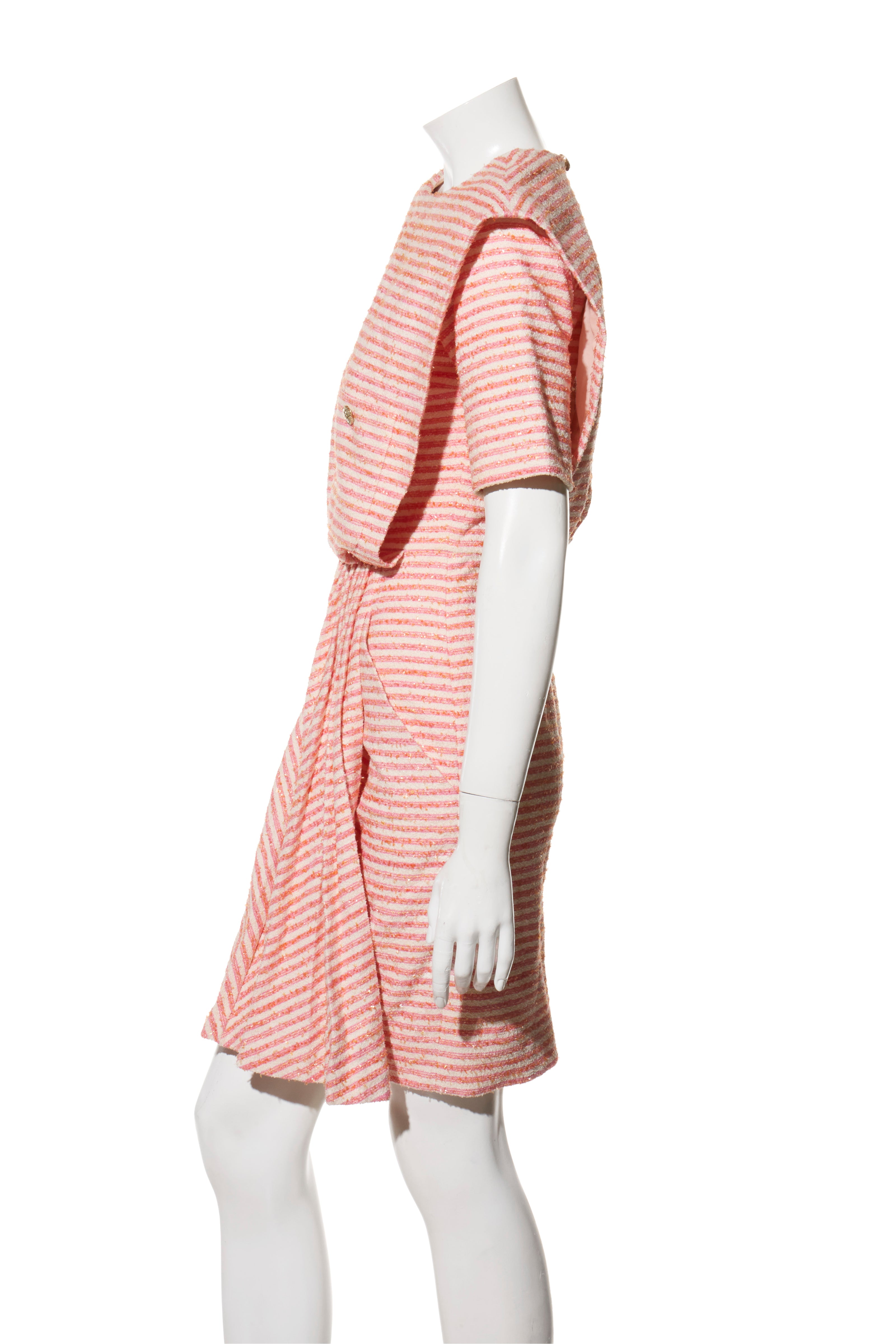 Chanel Spring/Summer 2015 Pink & White Striped Bouclé Dress FR 34