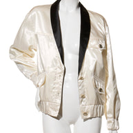 Chanel Satin Bomber Jacket Spring/Summer 2021 Ecru with Black Collar FR 34 NWT