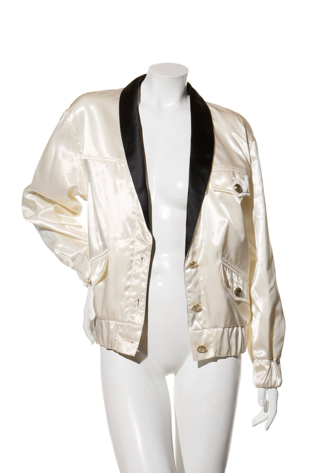 Chanel Satin Bomber Jacket Spring/Summer 2021 Ecru with Black Collar FR 34 NWT