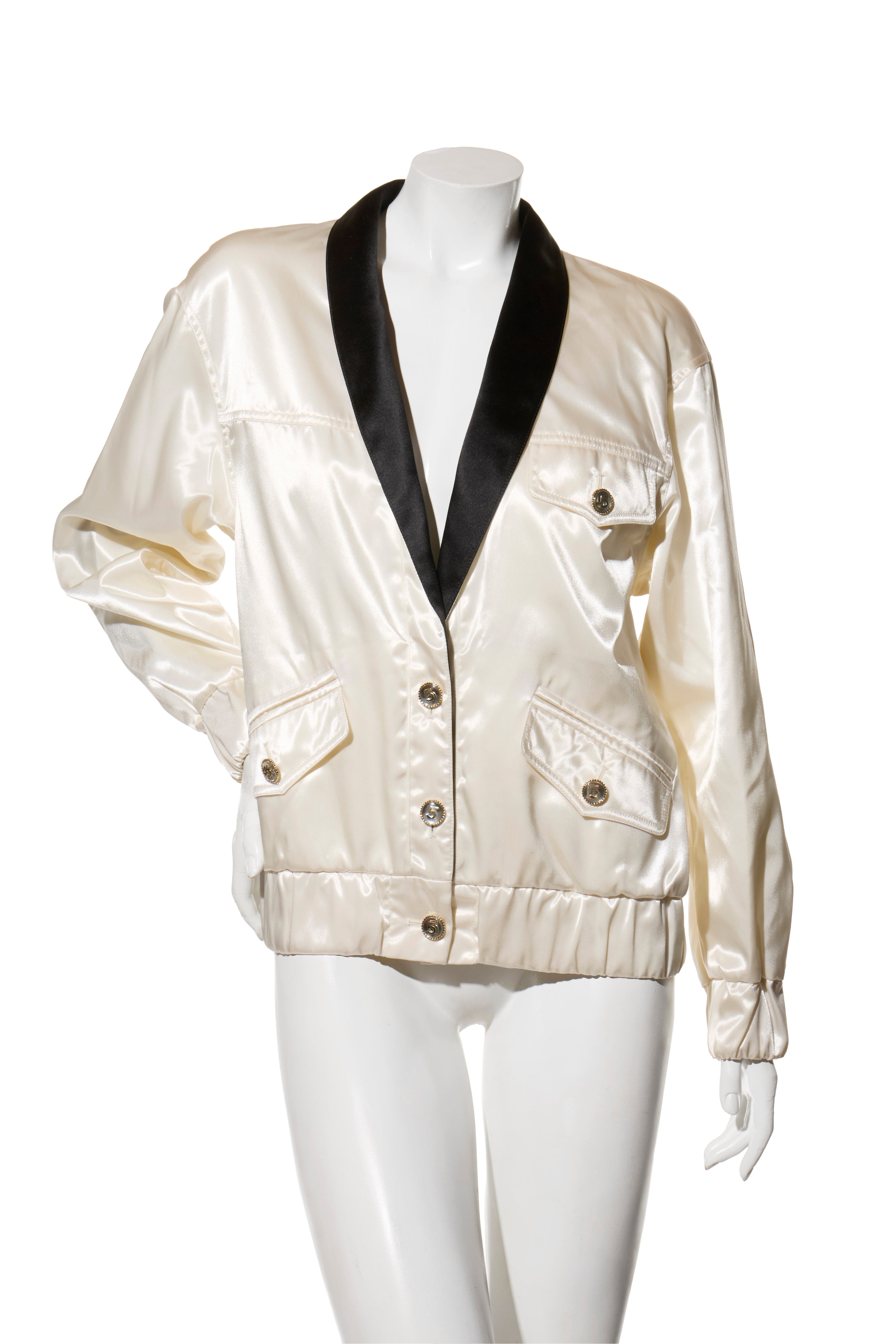 Chanel Satin Bomber Jacket Spring/Summer 2021 Ecru with Black Collar FR 34 NWT