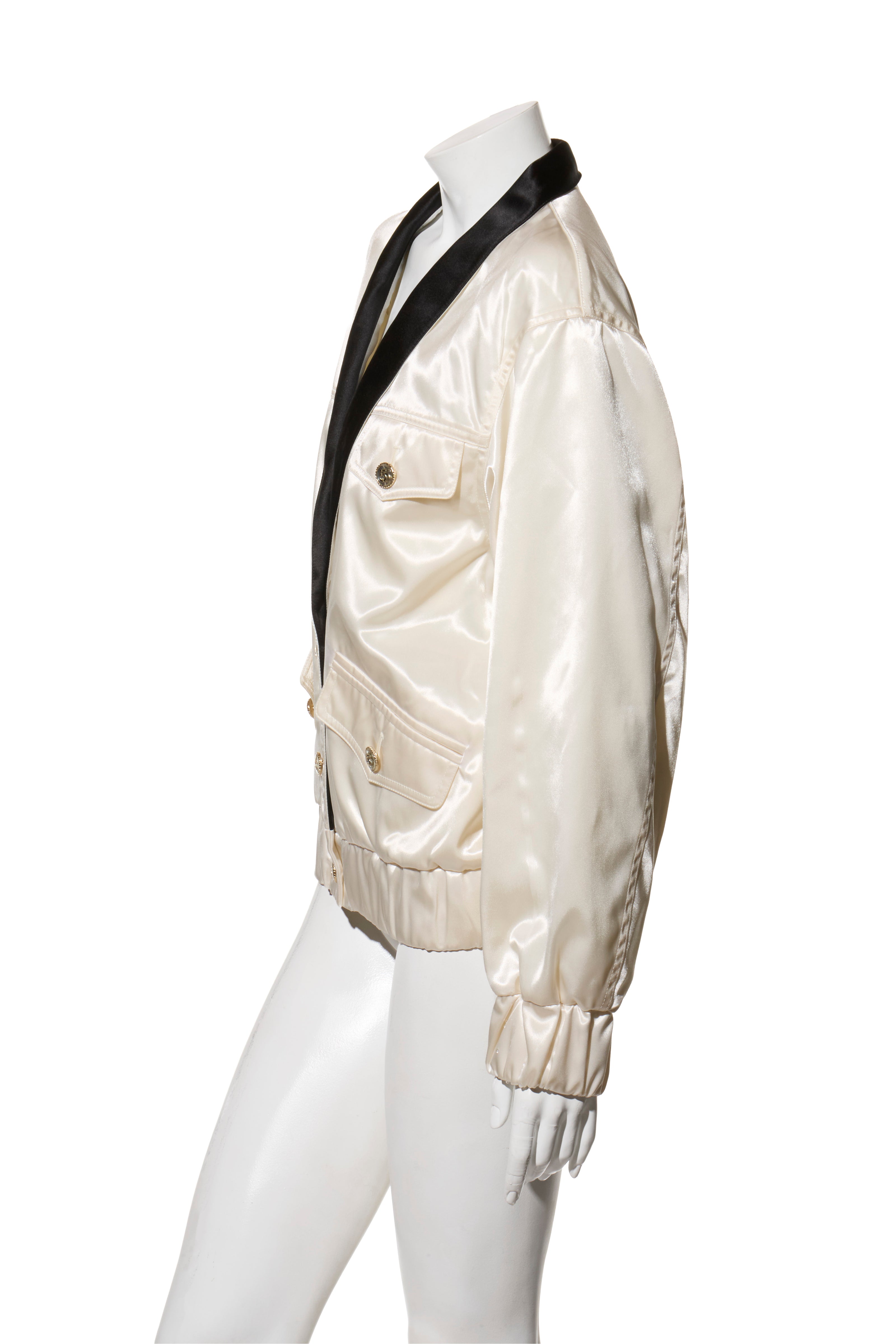 Chanel Satin Bomber Jacket Spring/Summer 2021 Ecru with Black Collar FR 34 NWT