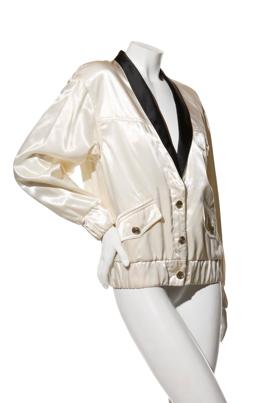 Chanel Satin Bomber Jacket Spring/Summer 2021 Ecru with Black Collar FR 34 NWT