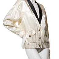 Chanel Satin Bomber Jacket Spring/Summer 2021 Ecru with Black Collar FR 34 NWT
