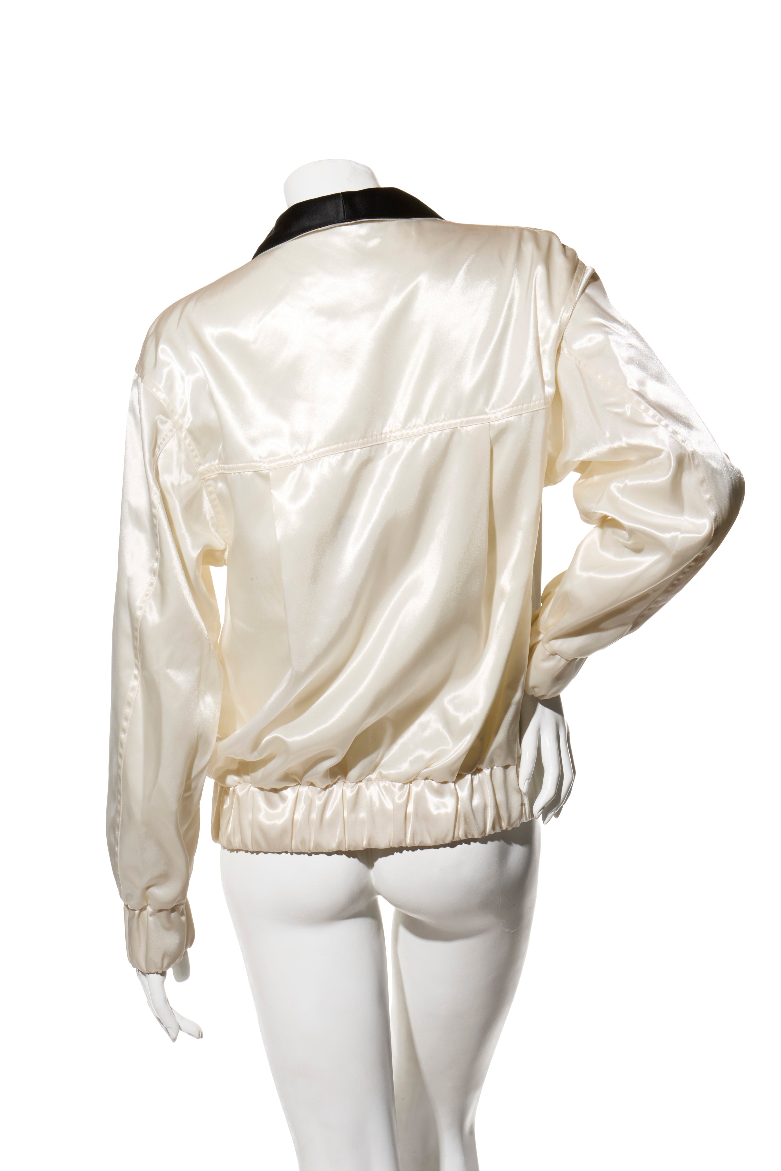Chanel Satin Bomber Jacket Spring/Summer 2021 Ecru with Black Collar FR 34 NWT