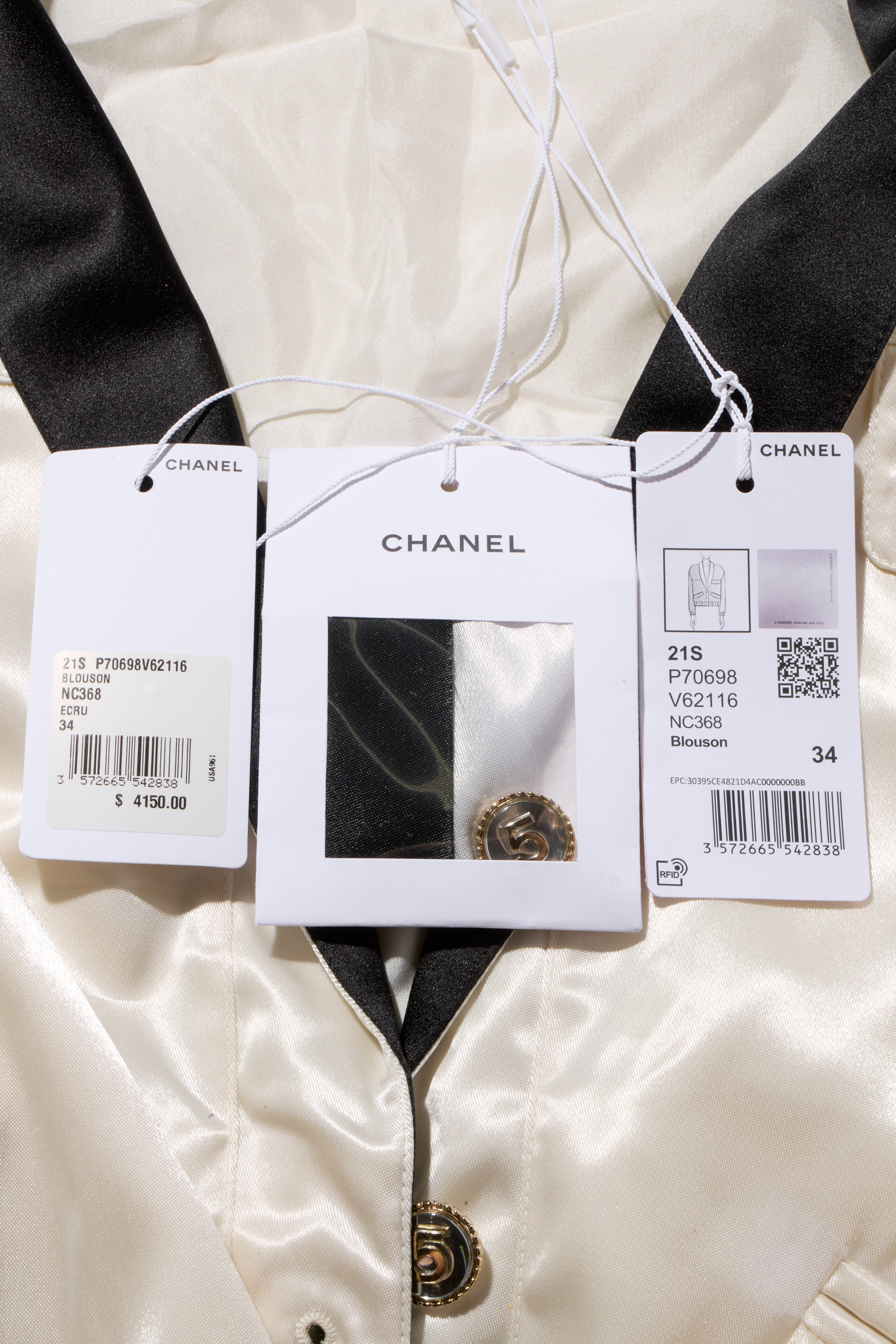 Chanel Satin Bomber Jacket Spring/Summer 2021 Ecru with Black Collar FR 34 NWT