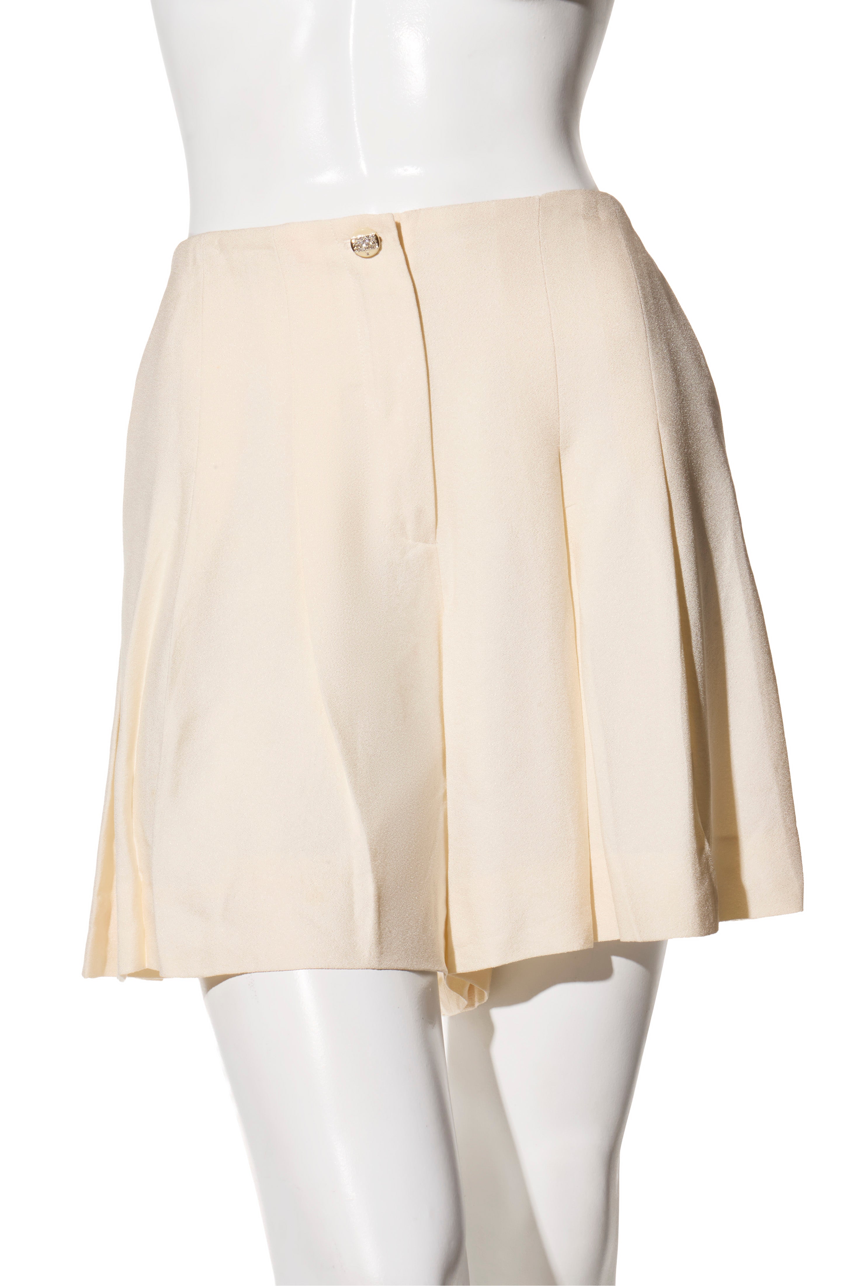 Chanel Spring 2012 Cream Silk Pleated Shorts with Crystal CC Button FR 38
